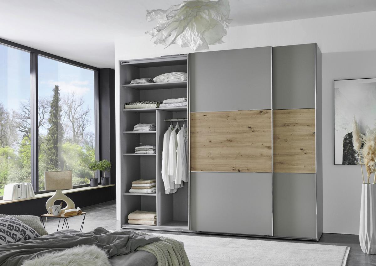 Tolóajtós Szekrény Indiana A - nemesacélszínű/Artisan tölgy, Konventionell, faalapú anyag/fém (250/216/65cm)