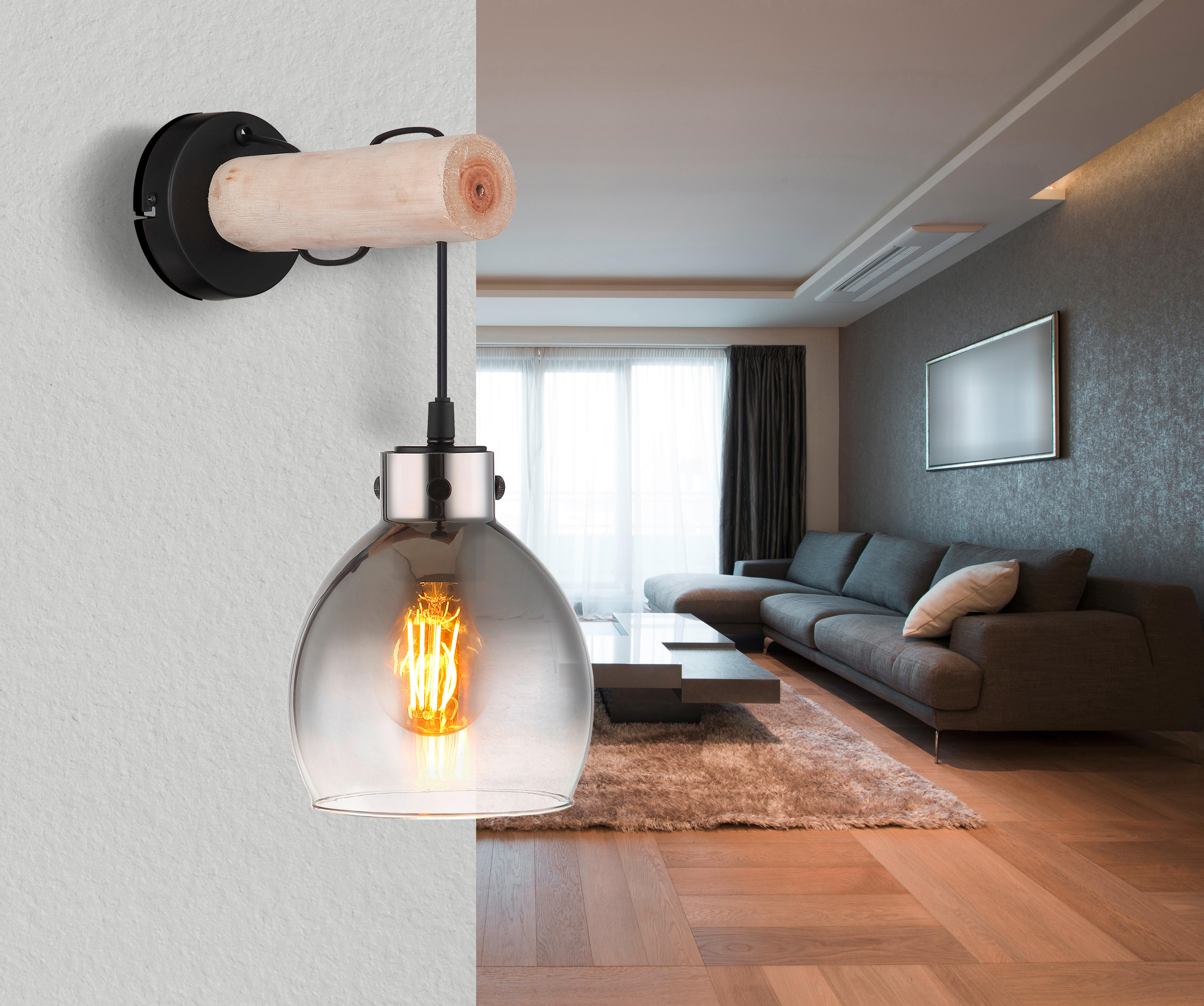 Wandleuchte Ryan Schwarz/Natur max. 40 Watt - Schwarz/Naturfarben, Natur, Glas/Holz (15/24/33cm) - Globo