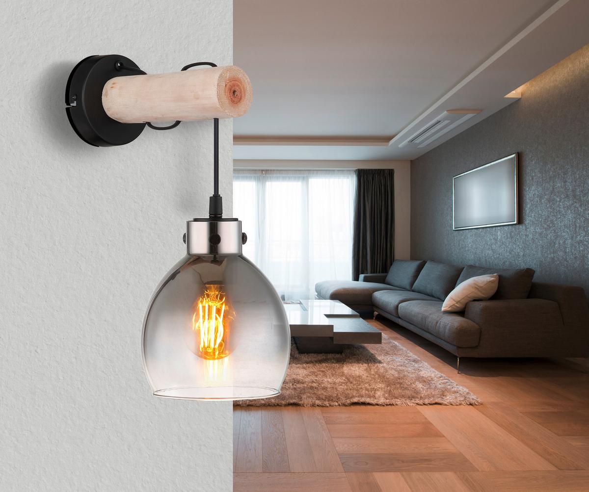 Wandleuchte Ryan Schwarz/Natur max. 40 Watt - Schwarz/Naturfarben, Natur, Glas/Holz (15/24/33cm) - Globo