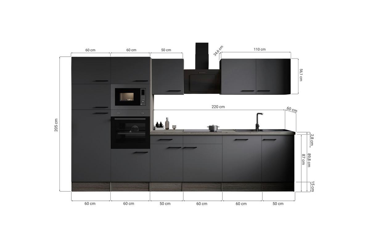 Kuhinjski Blok Z Aparati Oliver, 340cm - črna/siva, Design, kovina/leseni material (340cm) - Respekta