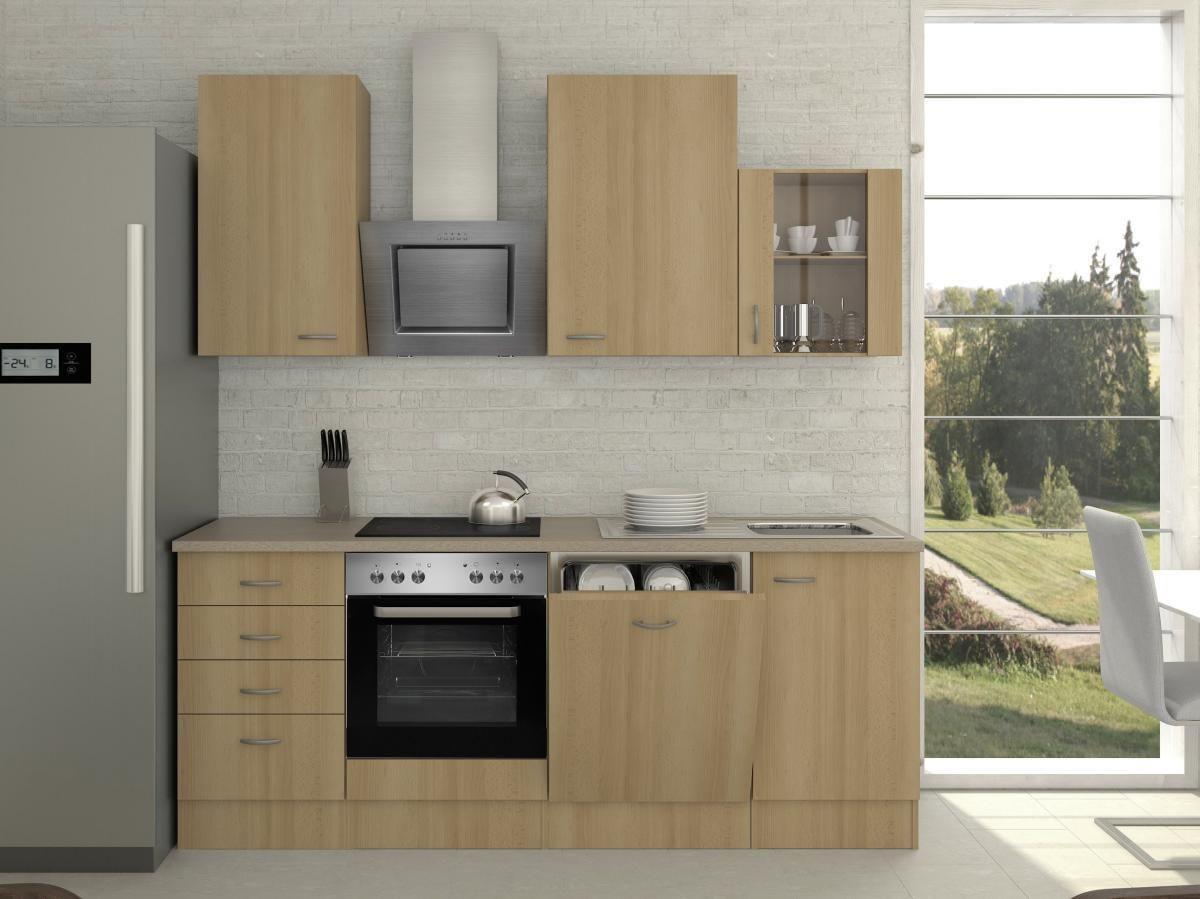 Küchenblock in Buche inkl. Geräte und Spüle 'Nano' - Edelstahlfarben/Beige, MODERN, Glas/Holzwerkstoff (220cm) - FlexWell