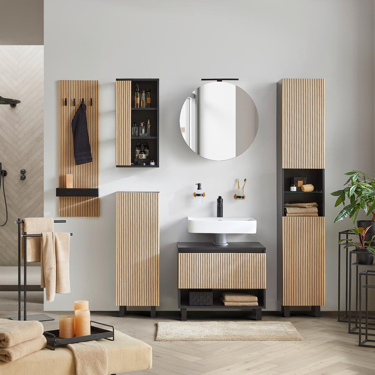 Hochschrank Venezia in Schwarz/Eichefarben - Eichefarben/Schwarz, Lifestyle, Glas/Holzwerkstoff (35/195/32cm) - Mömax