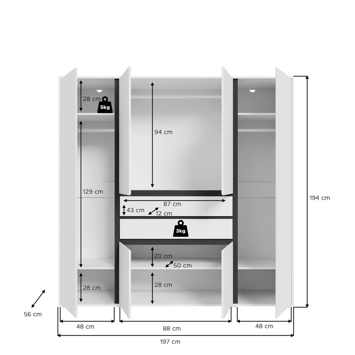 Drehtürenschrank Falun Weiß - Weiß, MODERN, Holzwerkstoff (197/194/56cm) - Livetastic