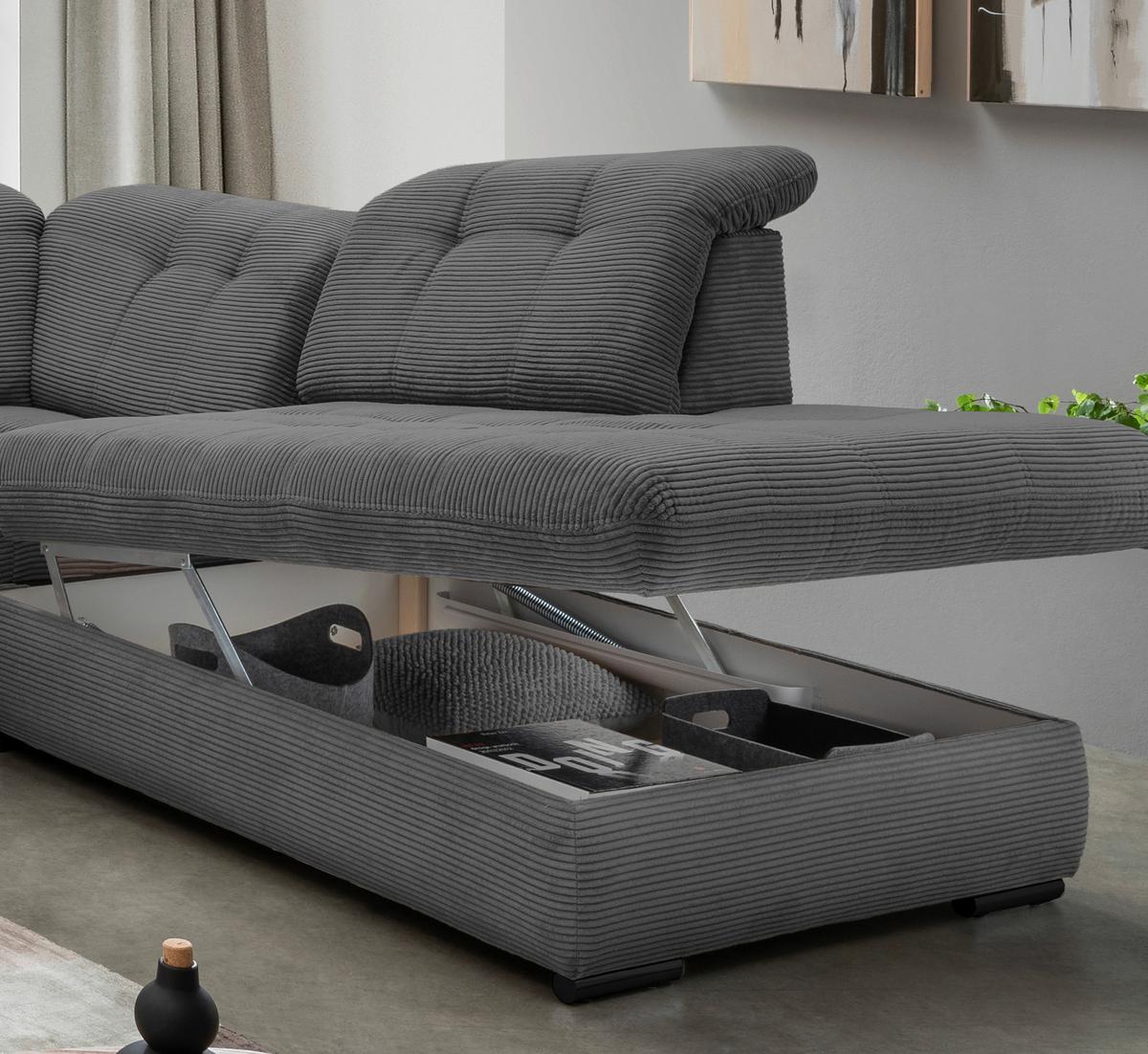 Wohnlandschaft Rigatti Grau Cord mit Bettkasten - Schwarz/Grau, MODERN, Textil/Metall (184/387/252cm) - Livetastic