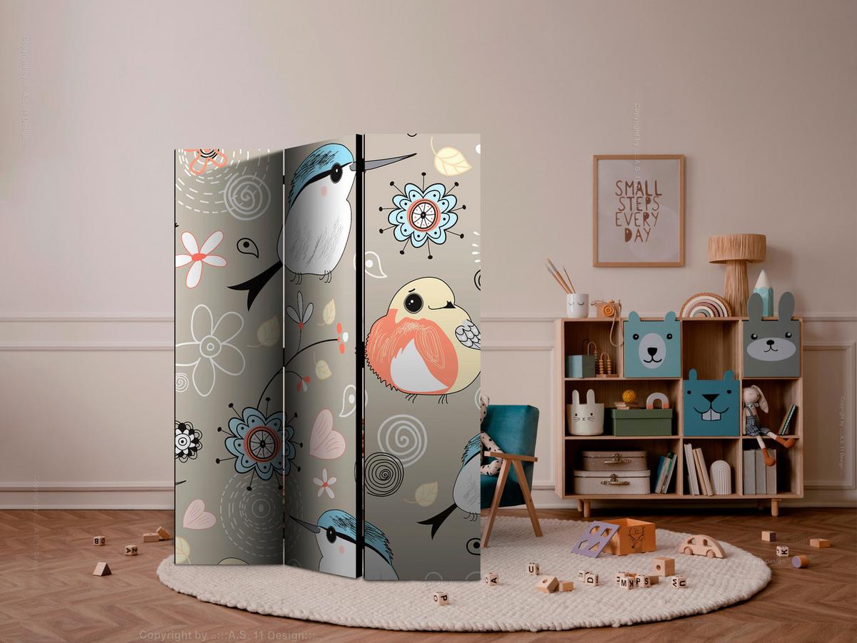 Paravan Natural Pattern With Birds, 3-Delni, Dvostranski - večbarvno, Basics, tekstil/les (135/172/3cm) - artgeist