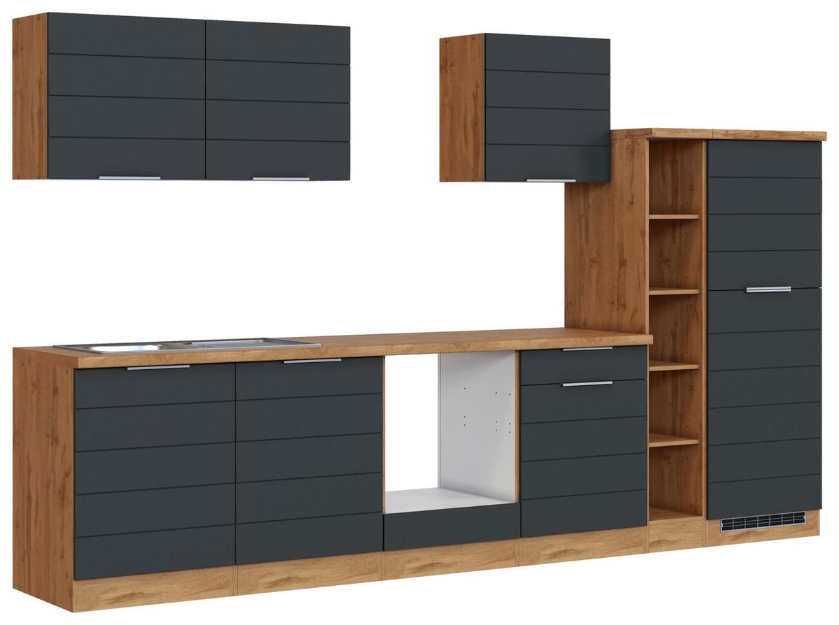Küchenblock Florenz ohne Geräte ca. 330 cm Grau/Eiche - Eiche Wotan/Grau, Design, Holzwerkstoff/Metall (330cm) - Held