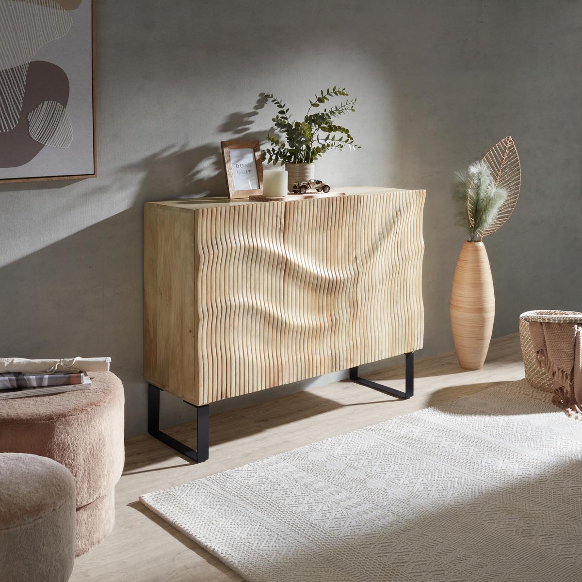SIDEBOARD WAVE -TREND- - Schwarz/Naturfarben, Modern, Holz/Metall (120/90/40cm) - Premium Living