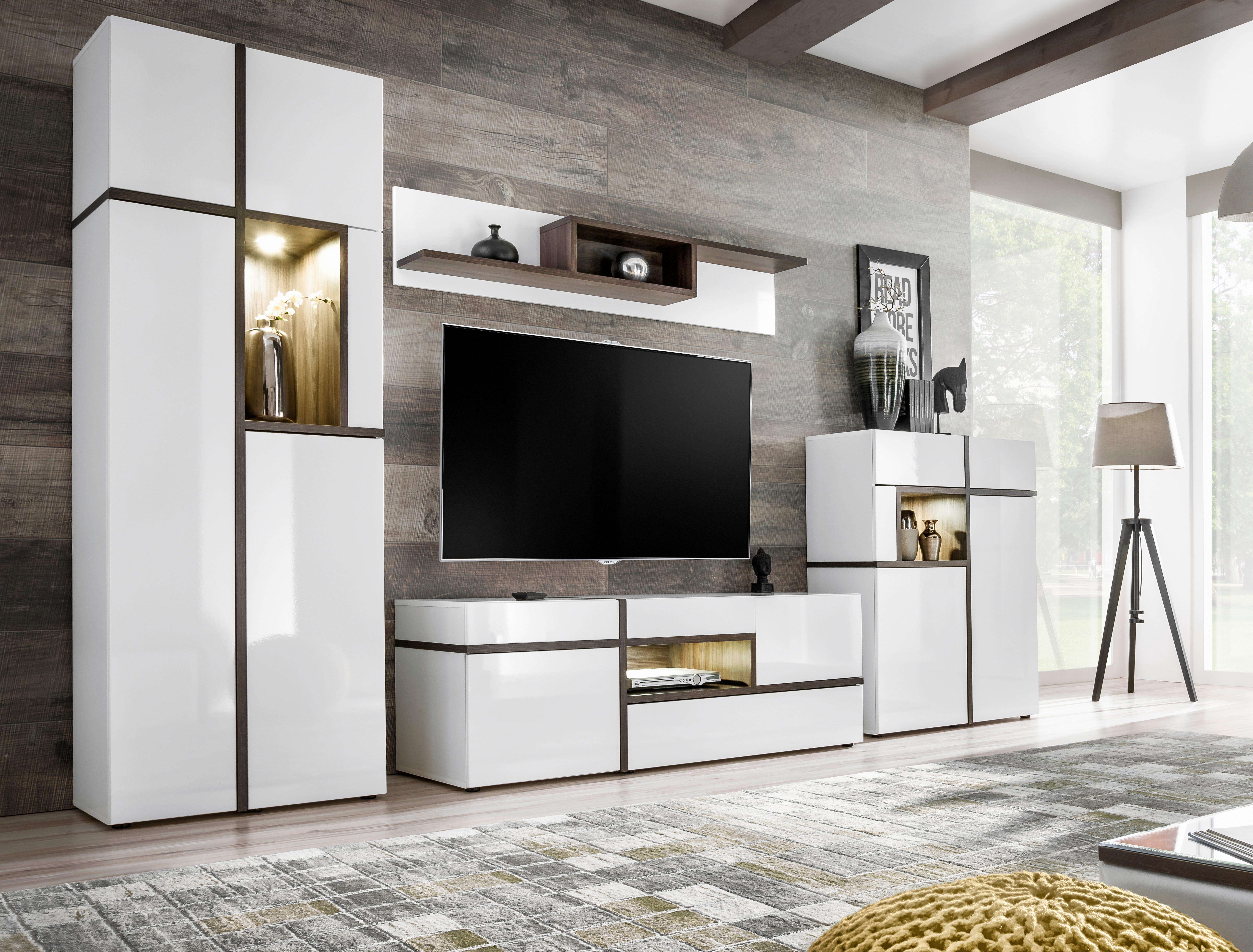 Wohnwand Cross Weiß/Ulmefarben - Ulmefarben/Weiß Hochglanz, MODERN, Holzwerkstoff/Kunststoff (330/195/50cm) - Premium Living