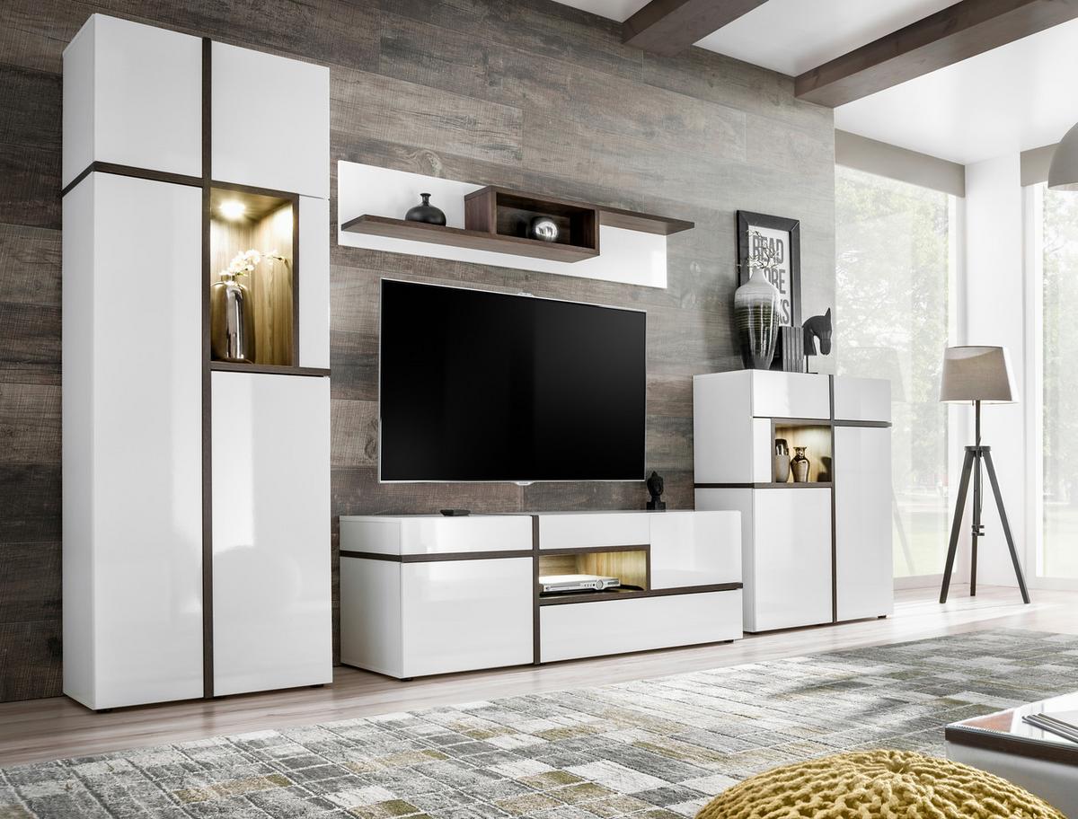 Wohnwand Cross Weiß/Ulmefarben - Ulmefarben/Weiß Hochglanz, MODERN, Holzwerkstoff/Kunststoff (330/195/50cm) - Premium Living