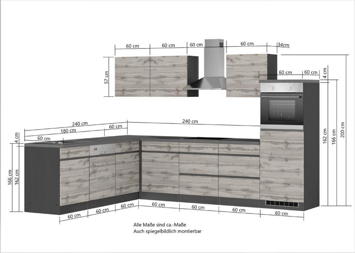 Eckküche Turin mit Geräten ca. 240x300 cm Grau/Eiche - Eiche Wotan/Grau, Design, Holzwerkstoff (240/300cm) - Held