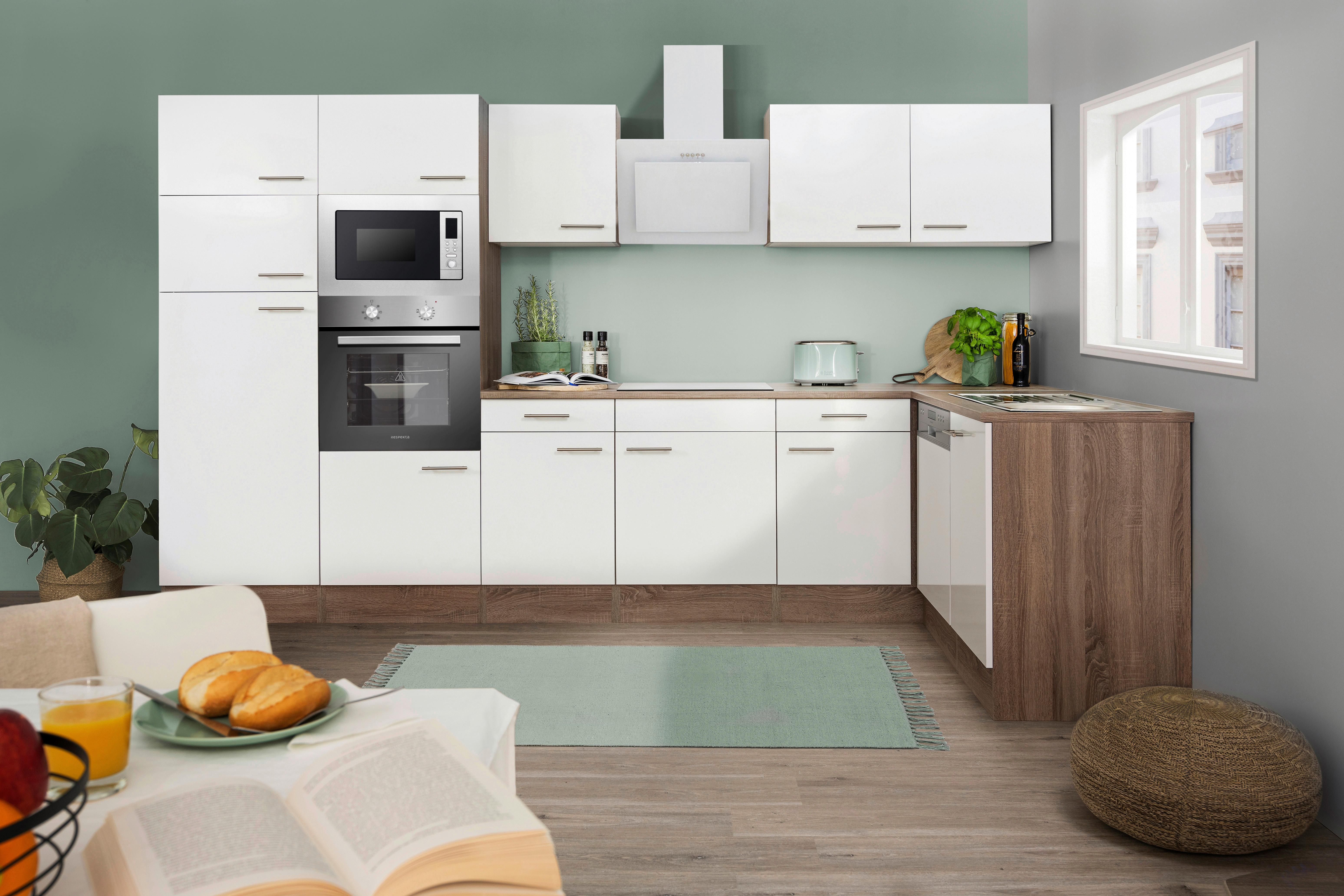 Eckküche Oliver mit Geräten ca. 340x172 cm Weiß - Eichefarben/Weiß, Basics, Holzwerkstoff/Metall (340/172cm) - Respekta