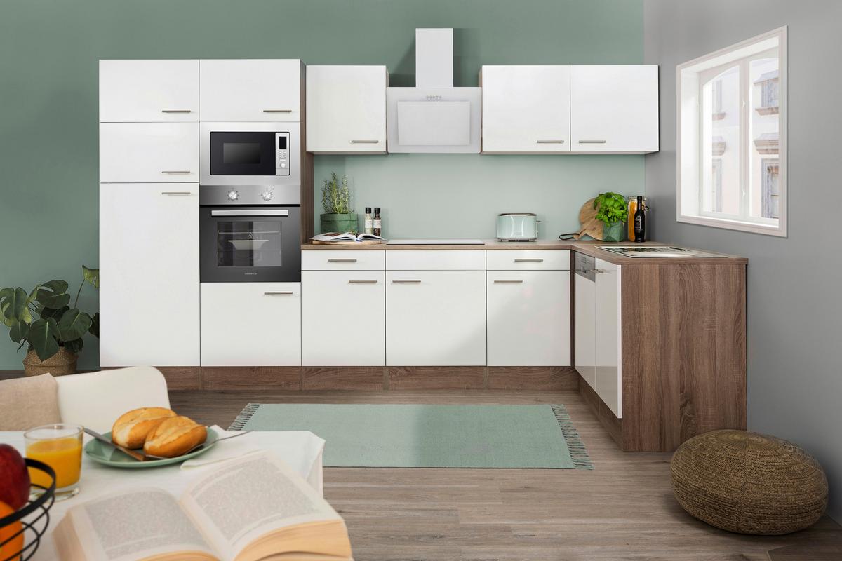 Eckküche Oliver mit Geräten ca. 340x172 cm Weiß - Eichefarben/Weiß, Basics, Holzwerkstoff/Metall (340/172cm) - Respekta