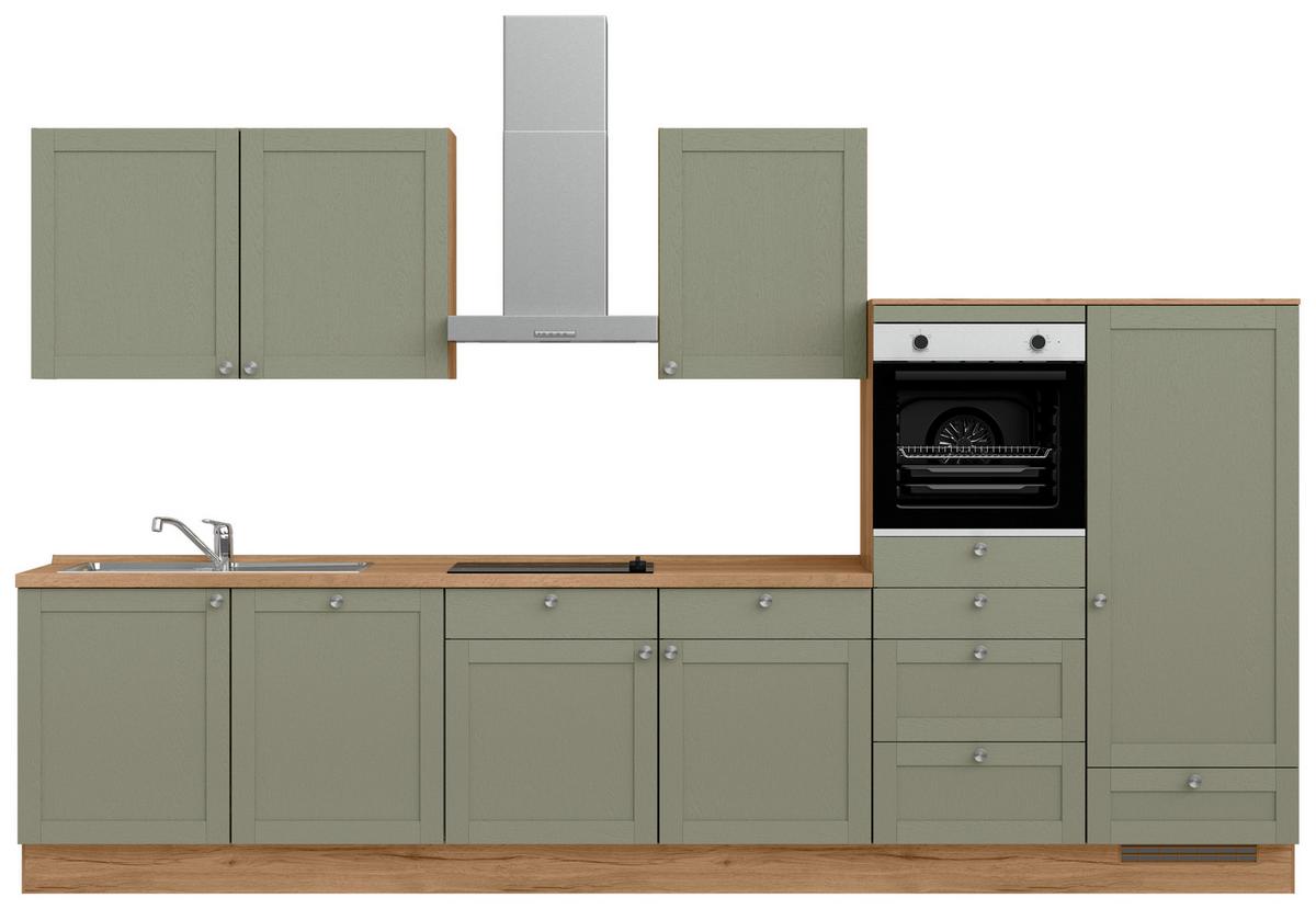 Küchenleerblock Frame Low o. Geräte Olivgrün - Edelstahlfarben/Eichefarben, MODERN, Holzwerkstoff/Metall (360cm) - Nobilia