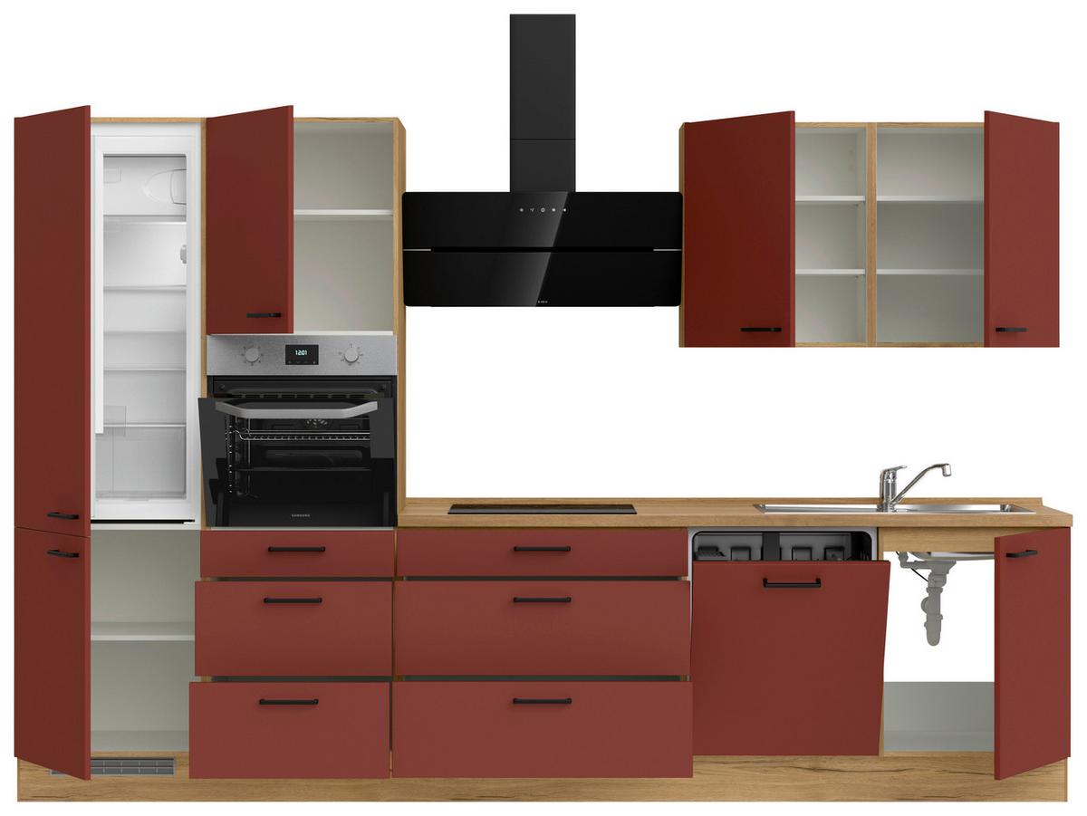 Küchenblock Easytouch High m. Geräten Dunkelrot - Eichefarben/Schwarz, MODERN, Holzwerkstoff/Metall (330cm) - Nobilia