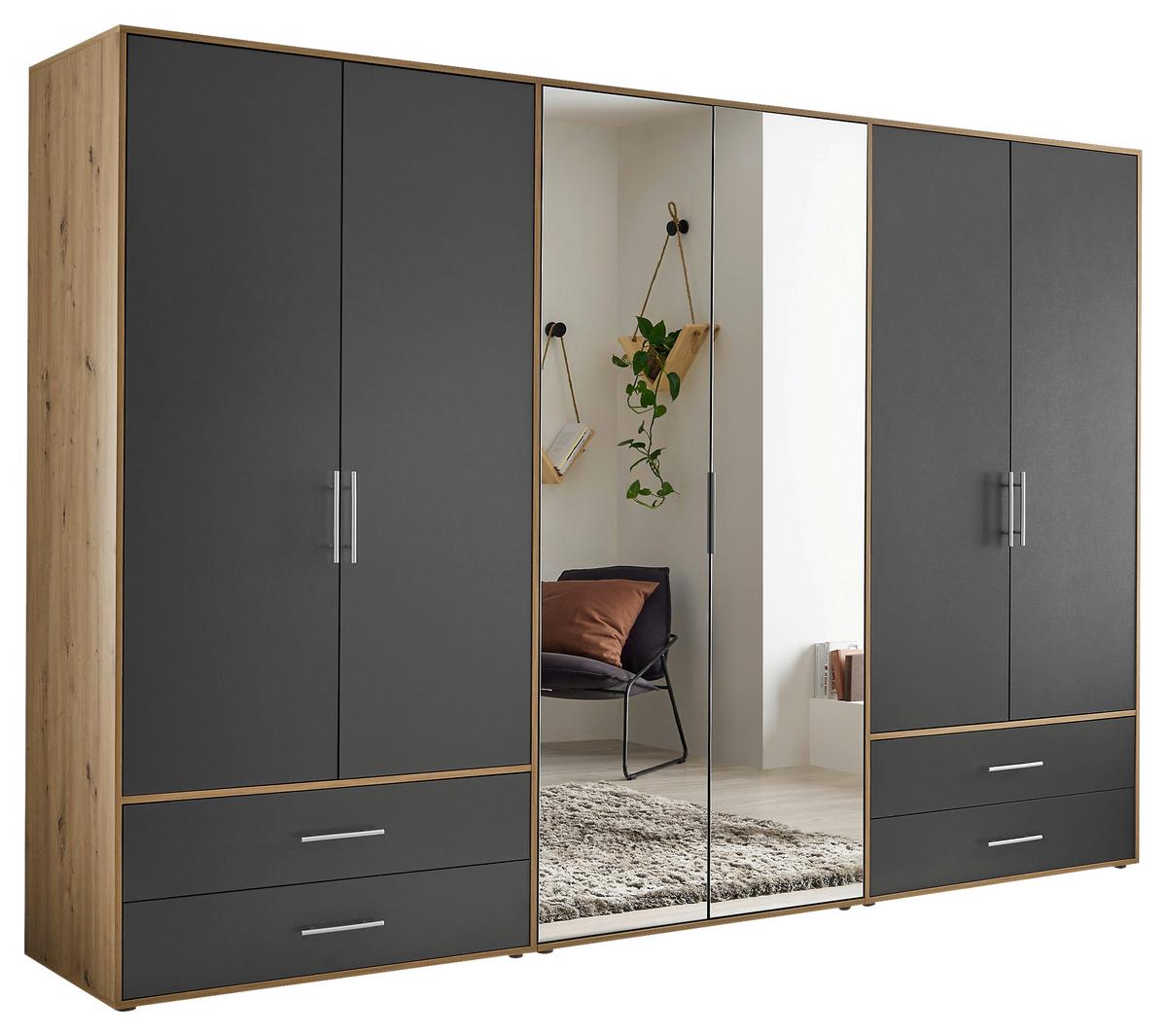 Șifonier VELAS - grafit/stejar Artisan, Konventionell, sticlă/material pe bază de lemn (305/207/58cm) - Modern Living