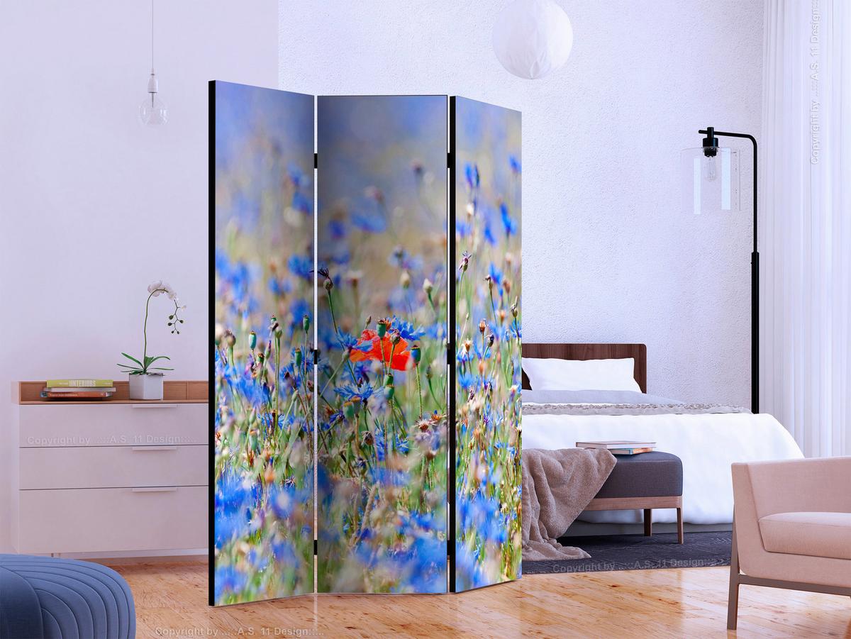 Paravan Flower Garden, 3-Delni, Dvostranski - svetlo modra/svetlo zelena, Basics, tekstil/les (135/172/3cm) - artgeist