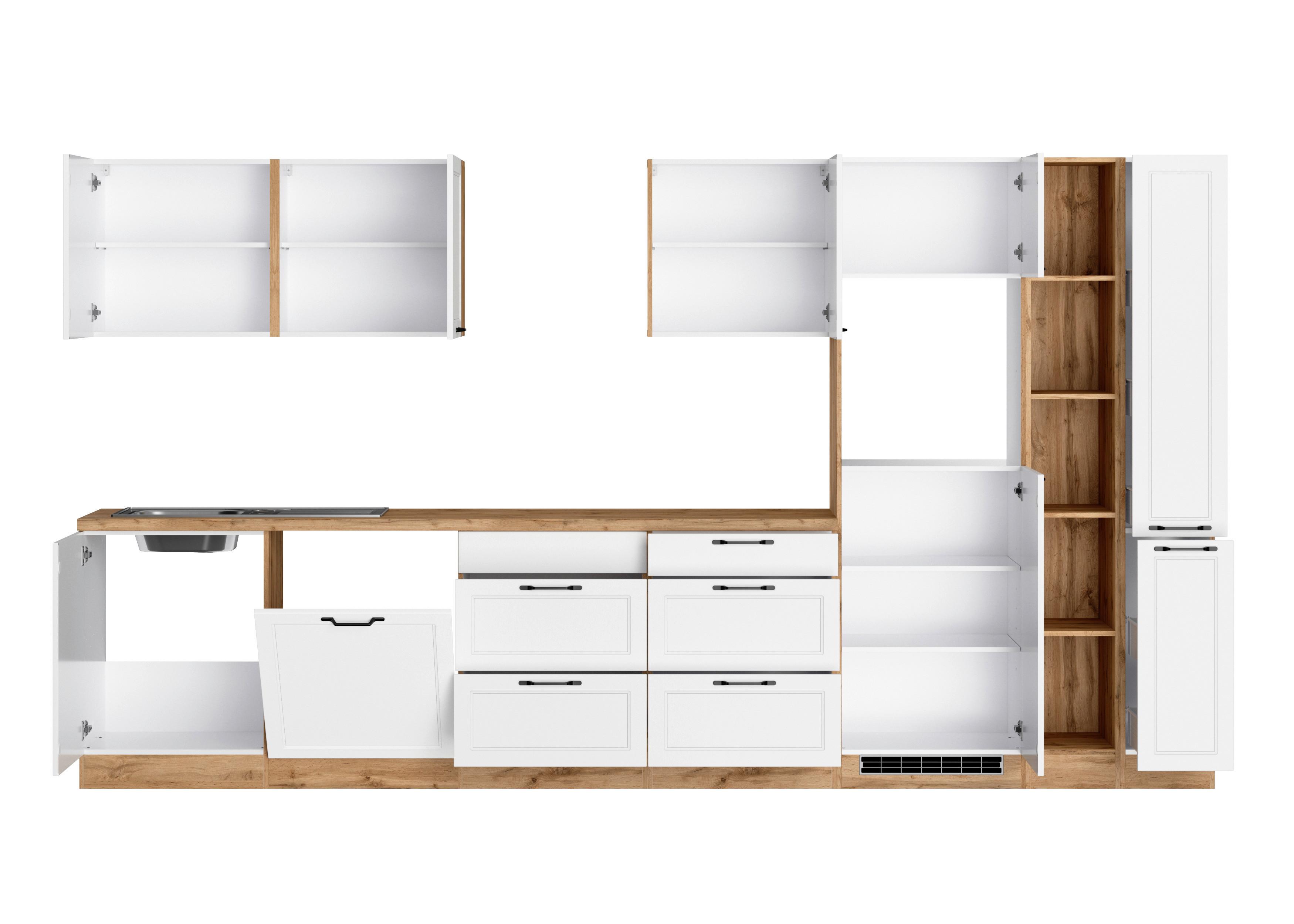 Küchenzeile Meran ohne Geräte ca. 360 cm Weiß/Eiche Dekor - Eiche Wotan/Schwarz, LIFESTYLE, Holzwerkstoff/Metall (360cm) - Held