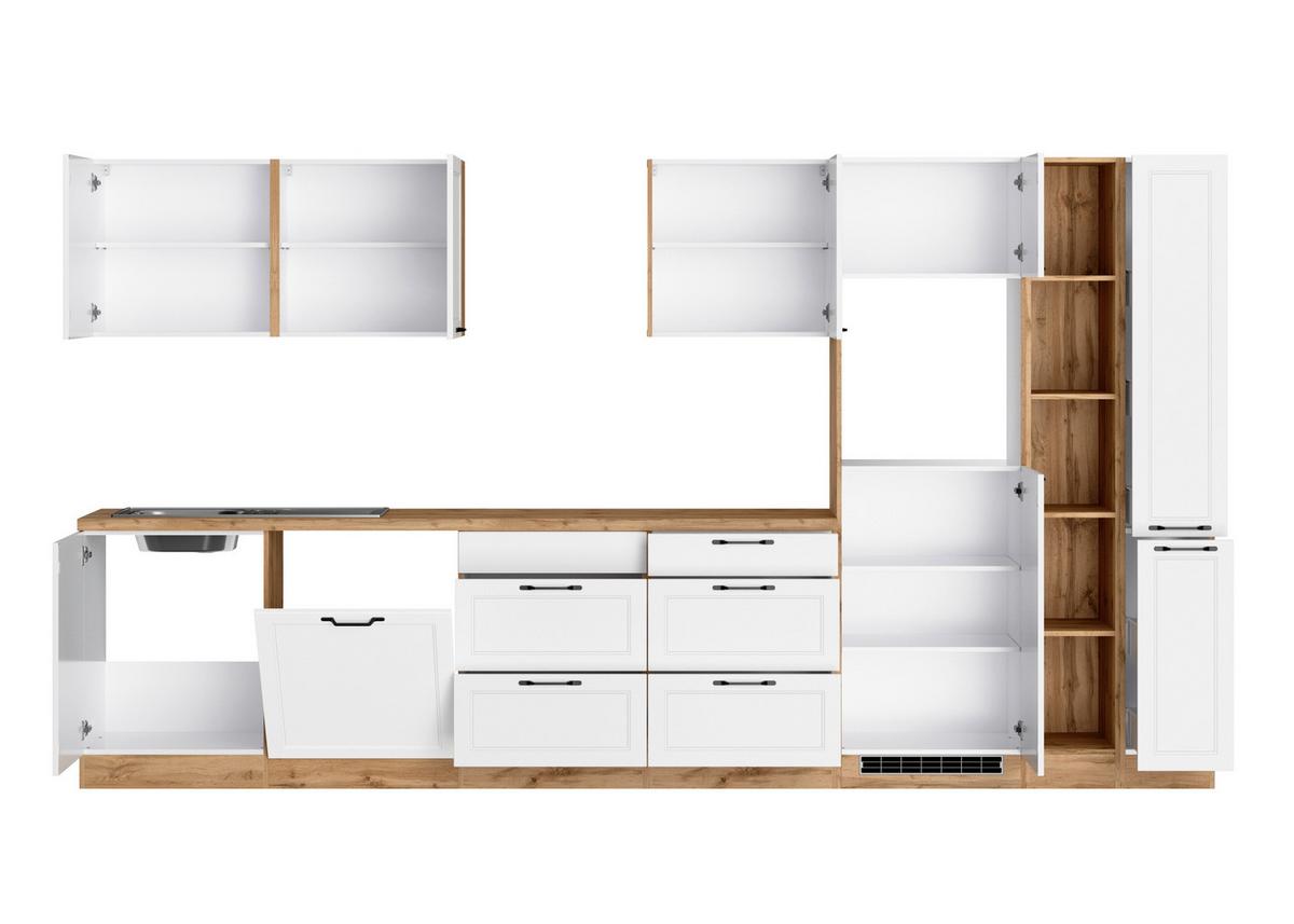Küchenzeile Meran ohne Geräte ca. 360 cm Weiß/Eiche Dekor - Eiche Wotan/Schwarz, LIFESTYLE, Holzwerkstoff/Metall (360cm) - Held