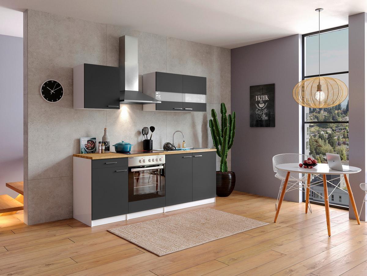Küchenzeile Economy m. Geräten Grau/Nussbaum B: ca. 210 cm - Edelstahlfarben/Nussbaumfarben, Basics, Holzwerkstoff/Metall (210cm) - Respekta