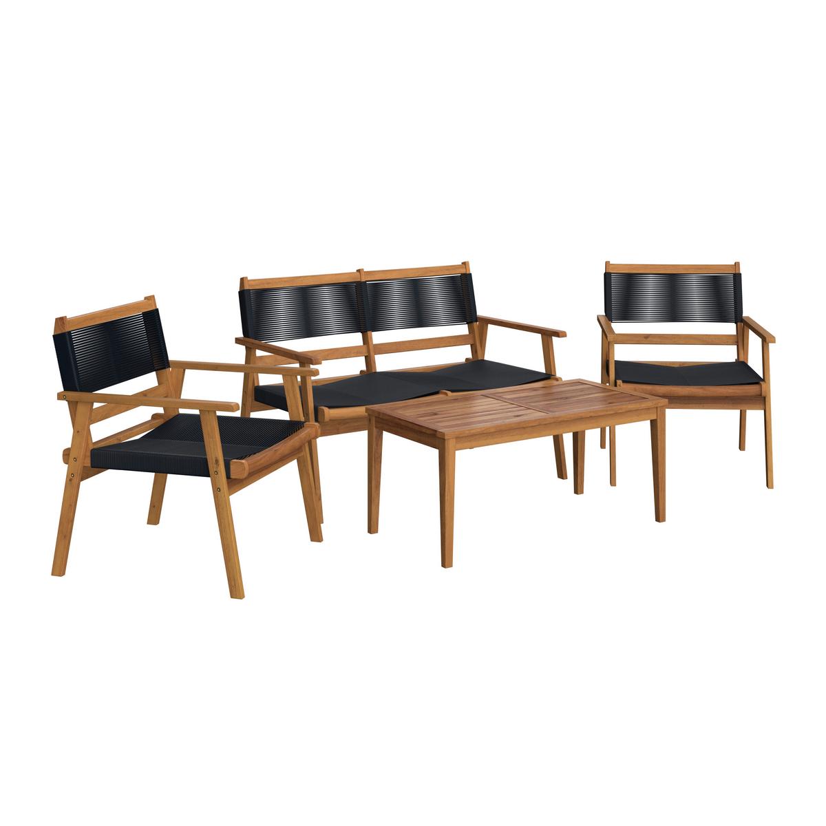 Loungegarnitur Enrica Schwarz/Akazie Rope - Schwarz/Akaziefarben, MODERN, Holz/Kunststoff (120/84/70cm) - Bessagi Garden