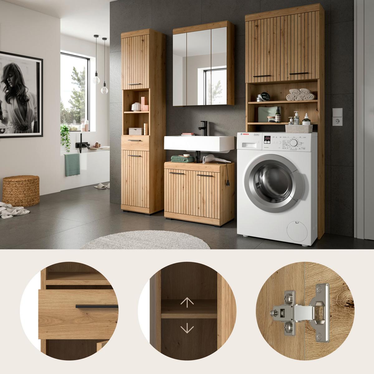 Badezimmer Scout Eiche Artisan 4-teilig - Schwarz/Eiche Artisan, Trend, Glas/Holzwerkstoff (160cm) - MID.YOU