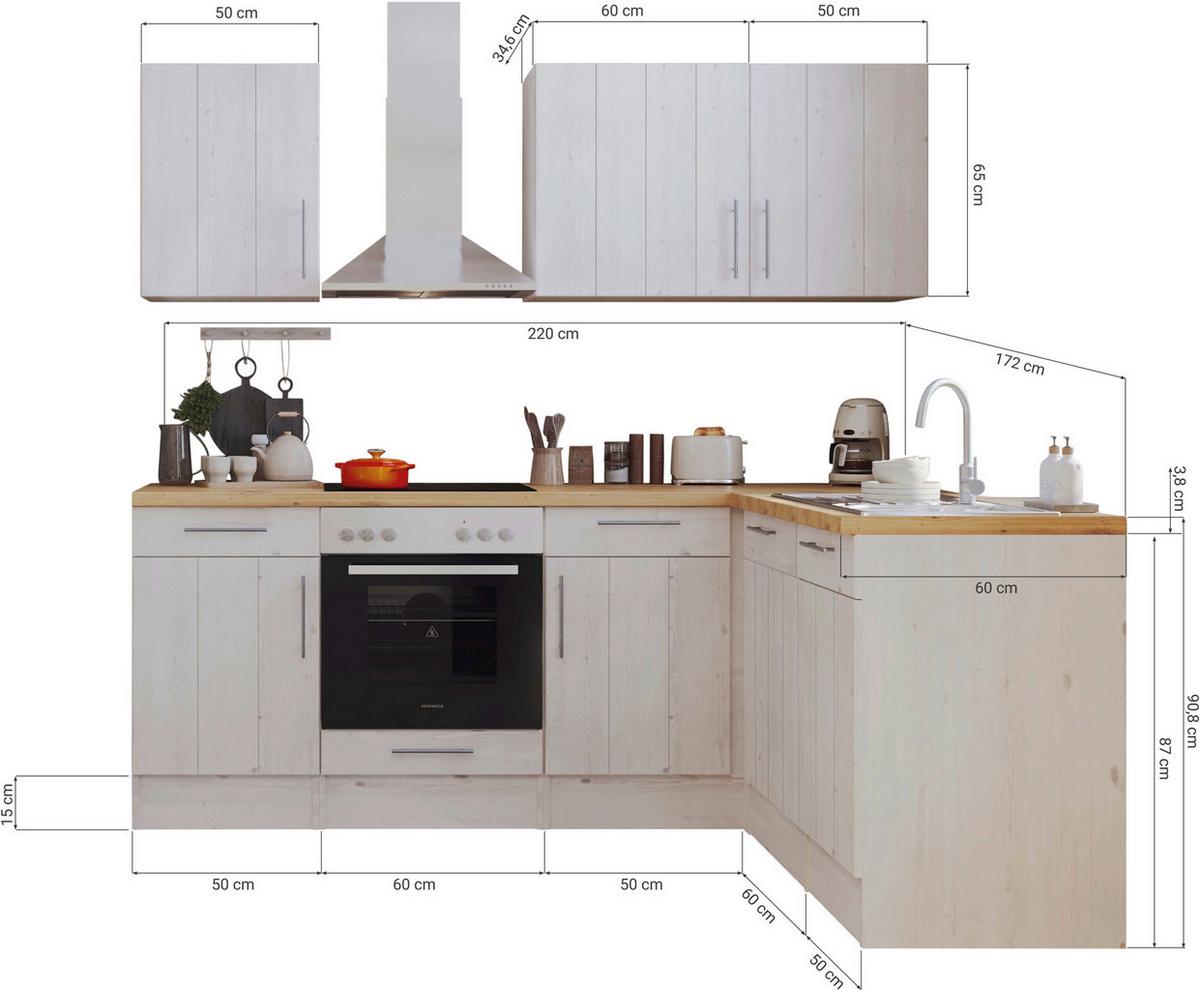 Eckküche Premium Lärche Weiß ca. 220x172 cm - Eichefarben/Weiß, ROMANTIK / LANDHAUS, Holzwerkstoff/Metall (220/172cm) - Respekta