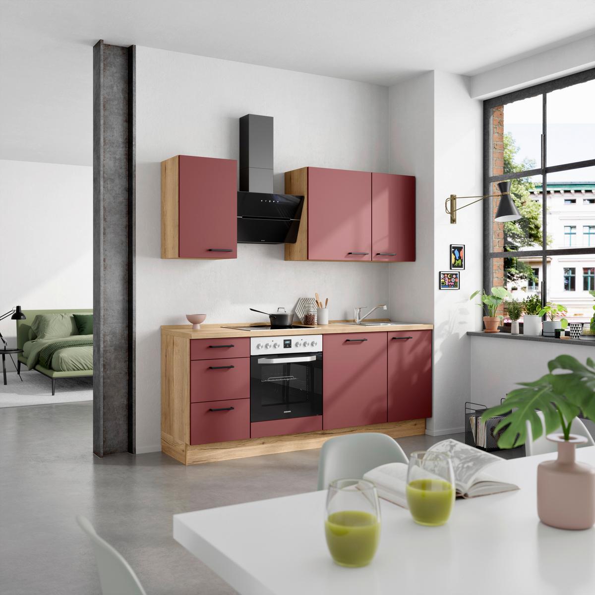 Küchenblock Easytouch High m. Geräten Dunkelrot - Eichefarben/Schwarz, MODERN, Holzwerkstoff/Metall (210cm) - Nobilia
