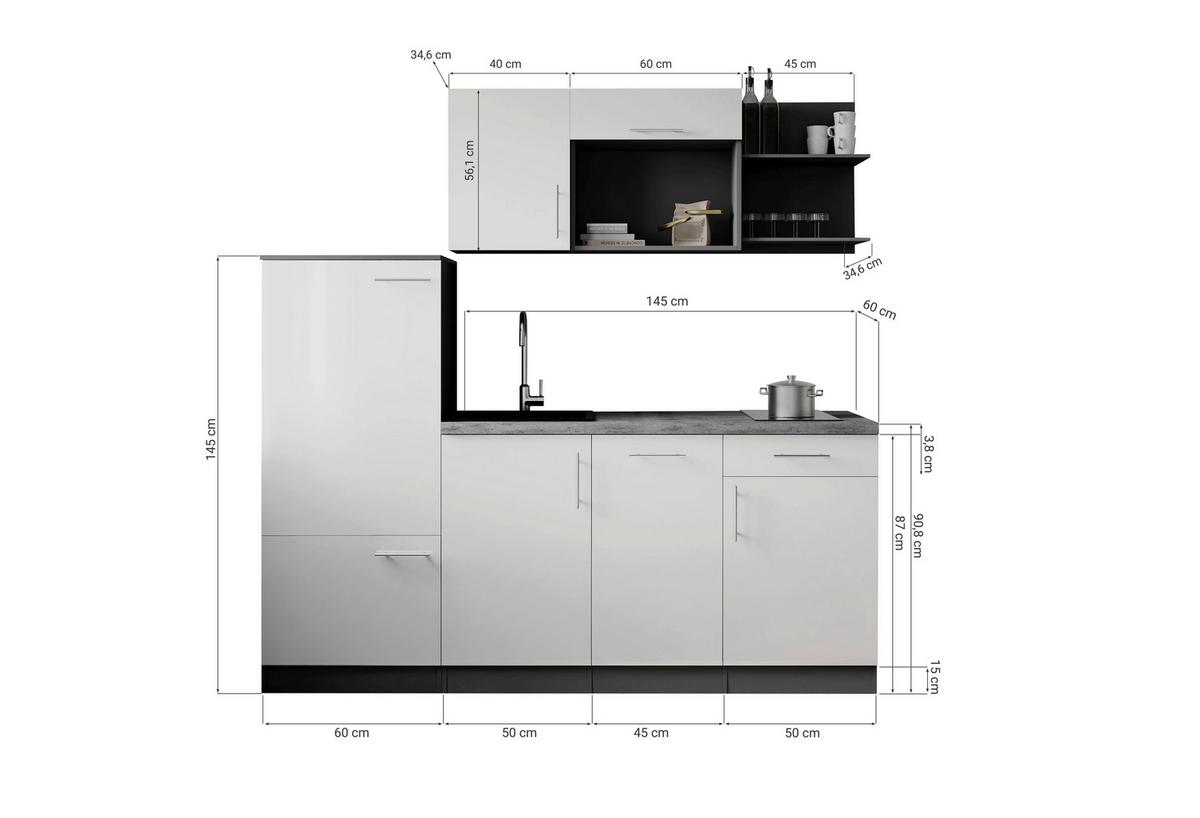 Küchenblock Oliver m. Geräten Schwarz - Schwarz/Grau, Trend, Holzwerkstoff/Metall (205cm) - Respekta
