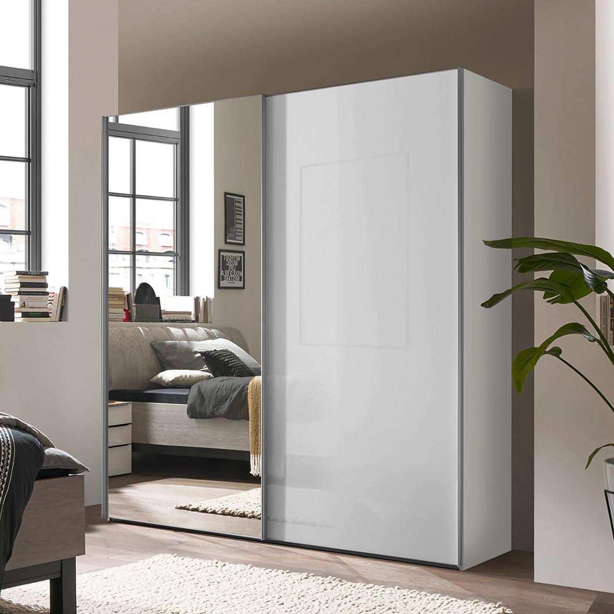 Schwebetürenschrank Lumos Weiss - couleur d'aluminium/blanc, Konventionell, métal/verre (200/222/68cm) - Based