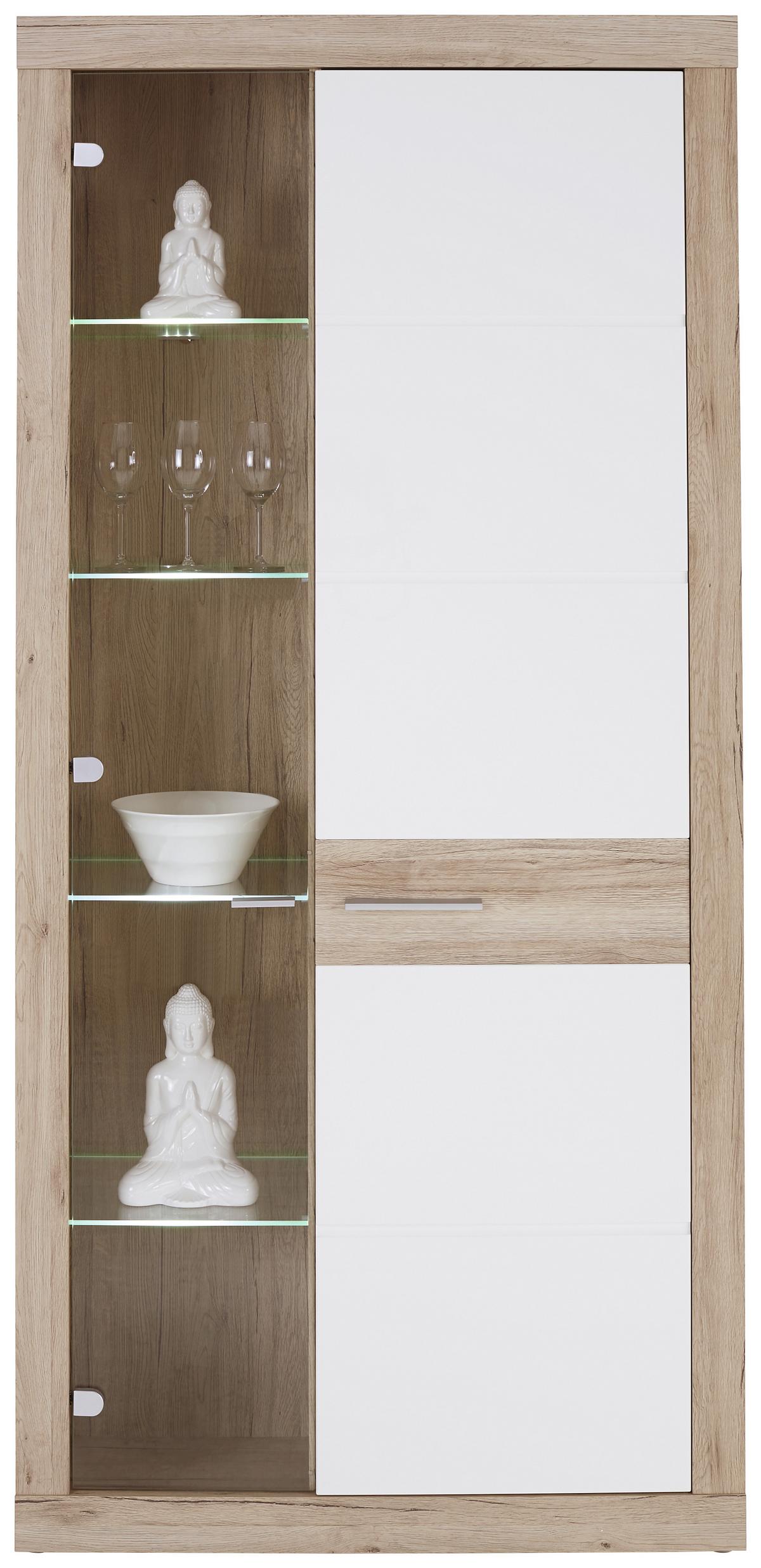 Vitrină Malta - alb/culoare lemn stejar, Modern (96/197/35cm) - Modern Living