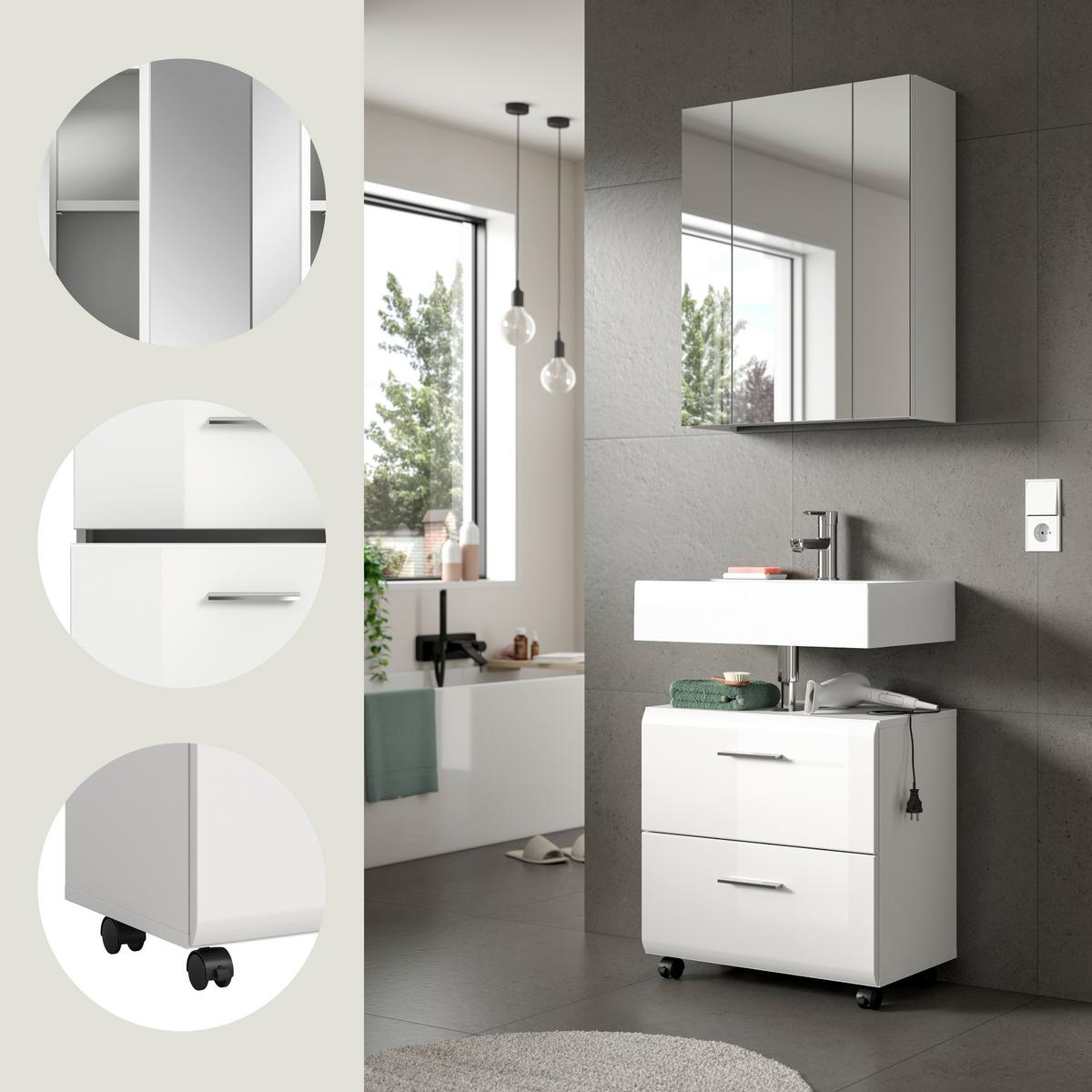 Badezimmer Ice Weiß/Weiß Hochglanz 2-teilig - Weiß Hochglanz/Silberfarben, Trend, Glas/Holzwerkstoff (60cm) - MID.YOU