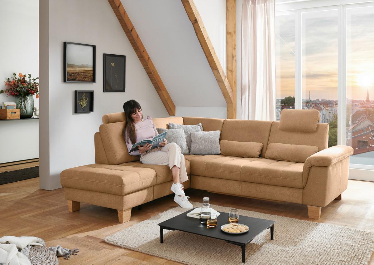 Sedežna Garnitura Pp-La23117 - bež/barve konjaka, Moderno, tekstil/leseni material (253/45/221cm) - Premium Living