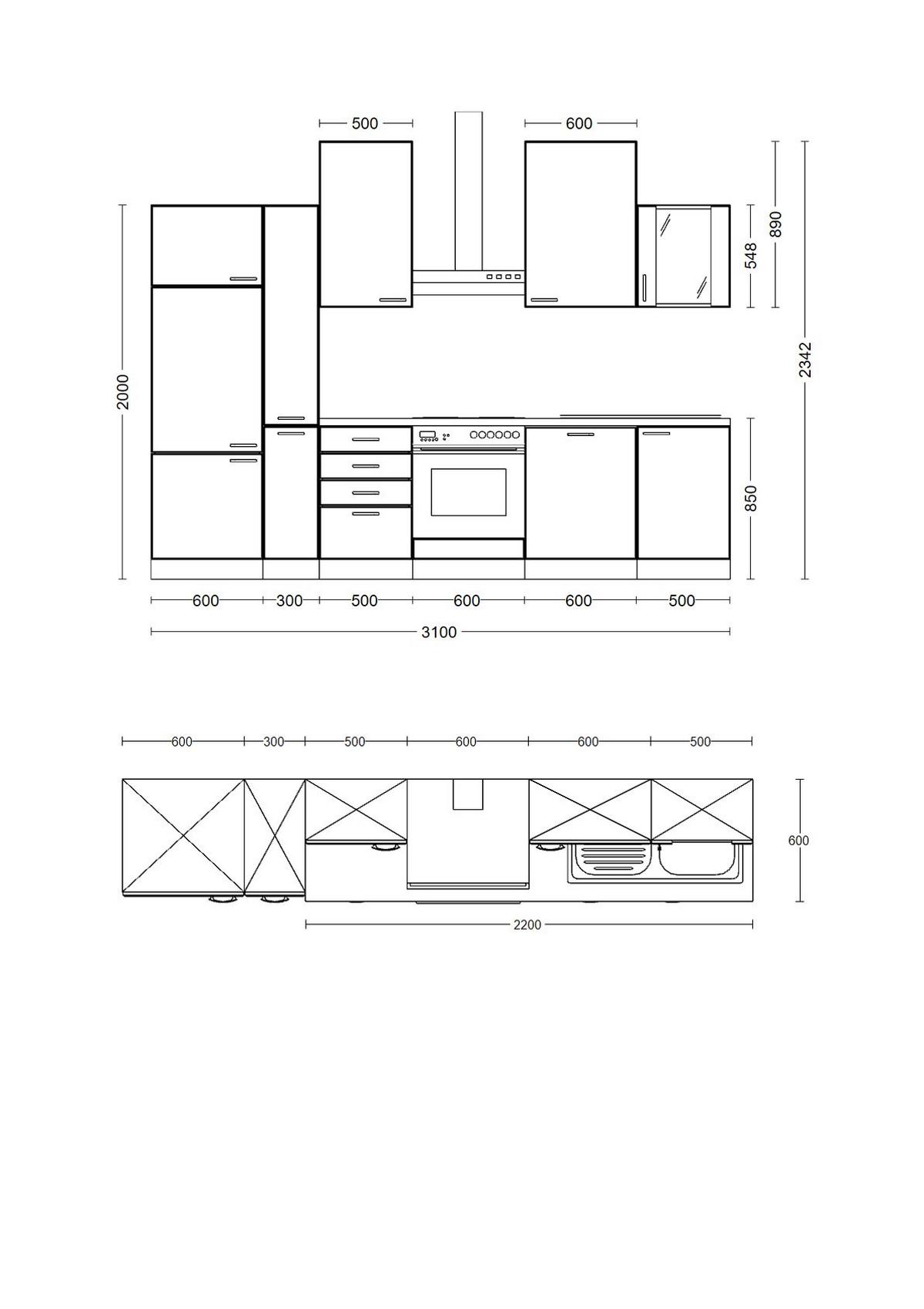 Kuhinjski Blok Z Aparati Wito, Bela - barve nerjavečega jekla/bela, Moderno, umetna masa/leseni material (310cm) - FlexWell