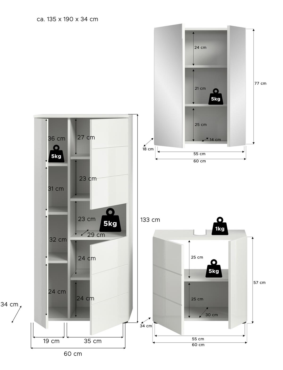 Badezimmer Vira 3-tlg. mit LED ca. 120 cm Weiß - Weiß Hochglanz/Schwarz, MODERN, Holzwerkstoff/Kunststoff (120cm) - MID.YOU