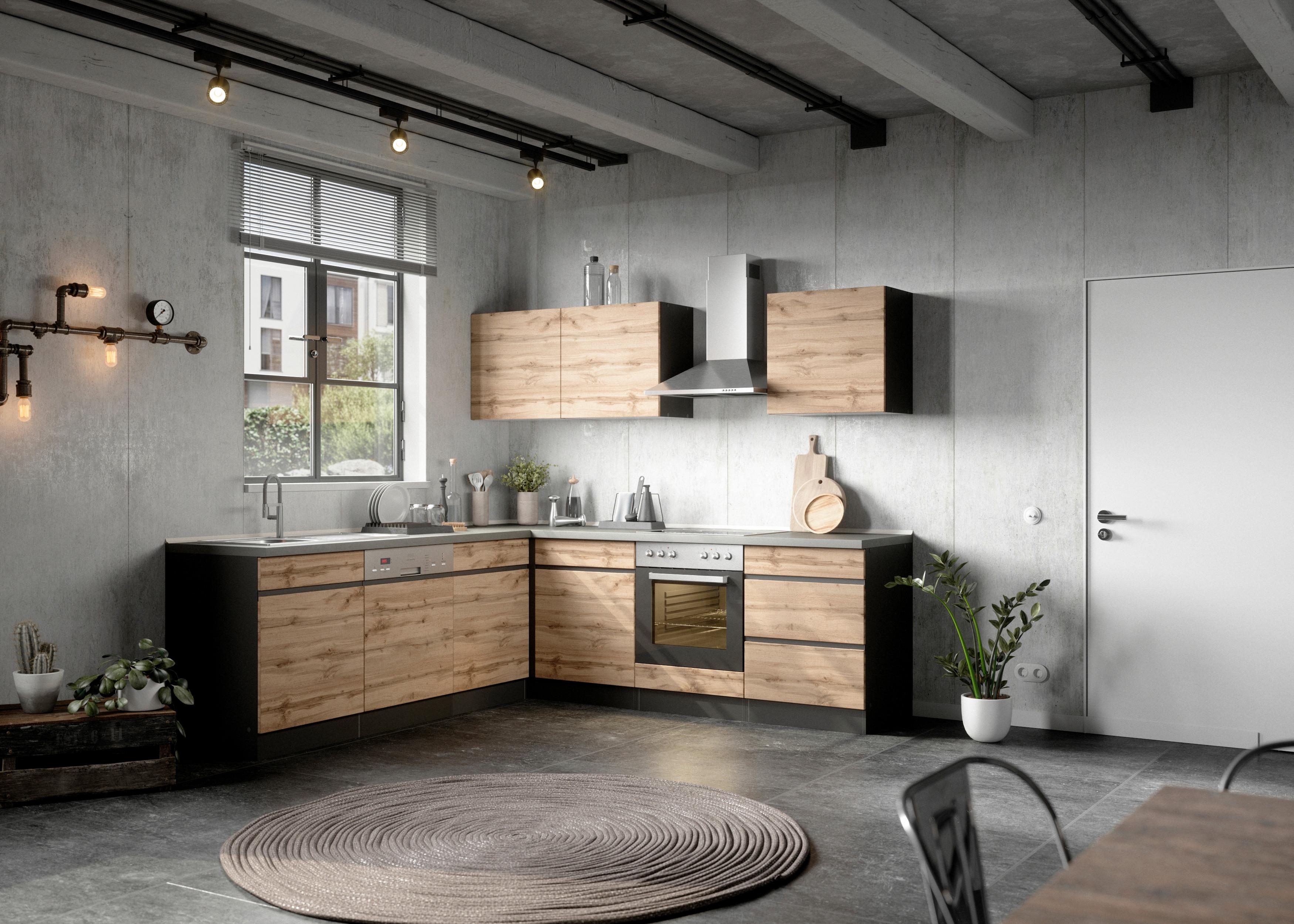 Eckküche Turin mit Geräten ca. 240x240 cm Graphit/Eiche - Eiche Wotan/Graphitfarben, Design, Holzwerkstoff (240/240cm) - Held