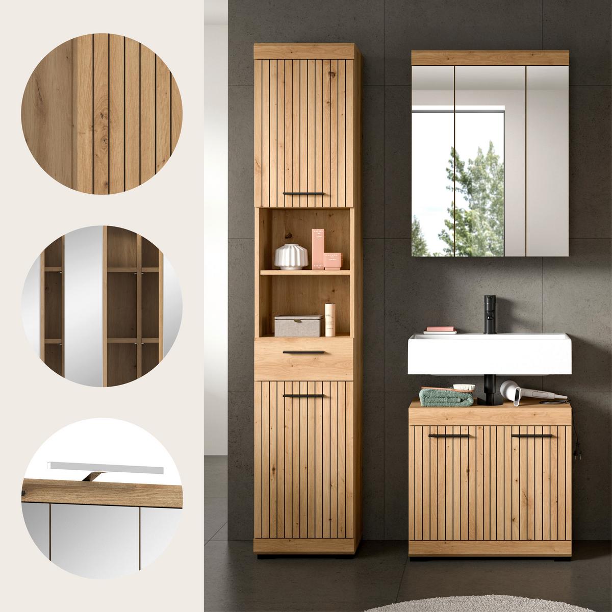 Badezimmer Scout Eiche Artisan 3-teilig - Schwarz/Eiche Artisan, Trend, Glas/Holzwerkstoff (97cm) - MID.YOU