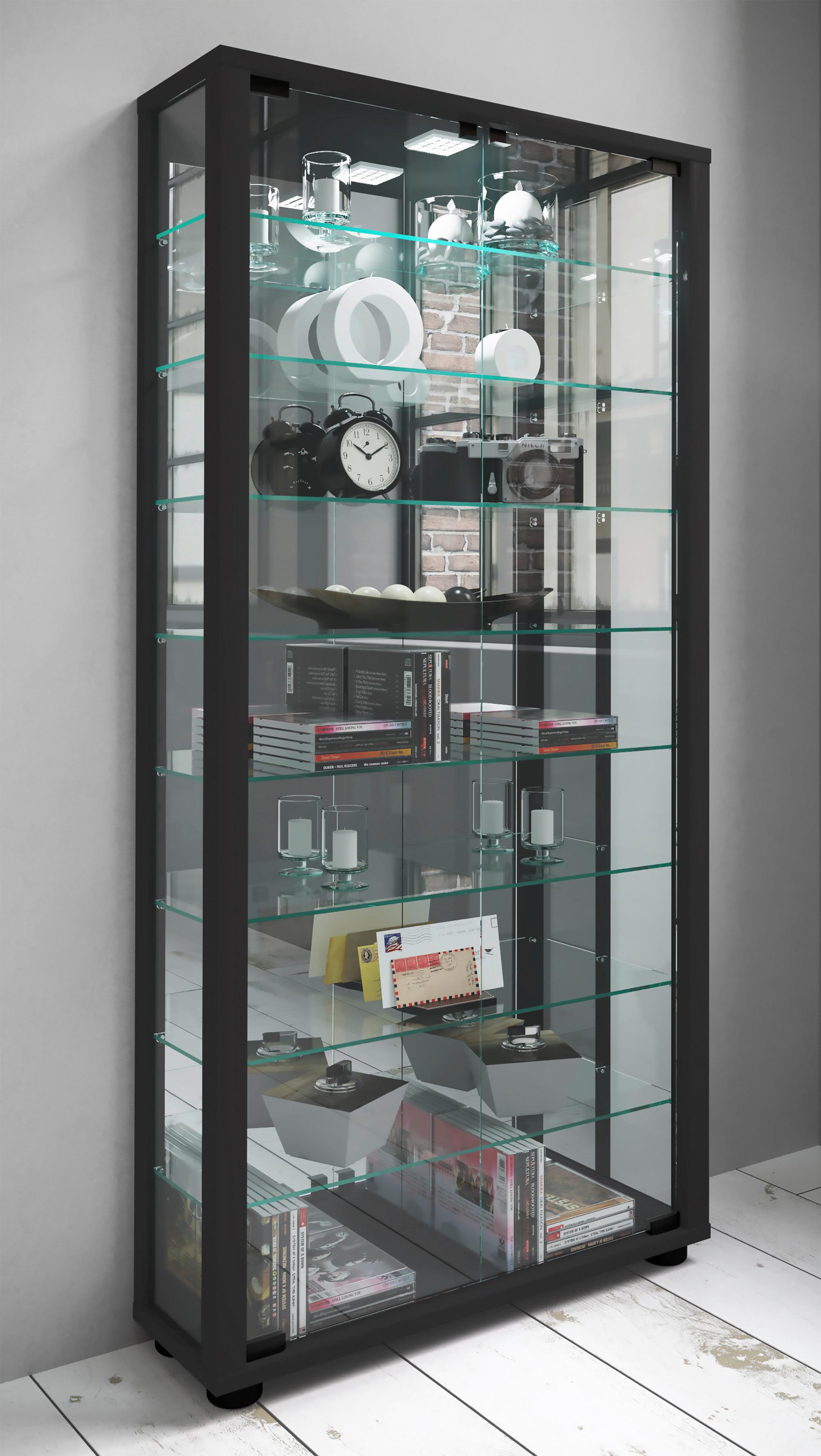 Vitrine Lumo mit LED ca. 59x115x18 cm Schwarz - Schwarz, MODERN, Glas/Holzwerkstoff (59/114,8/18cm) - MID.YOU
