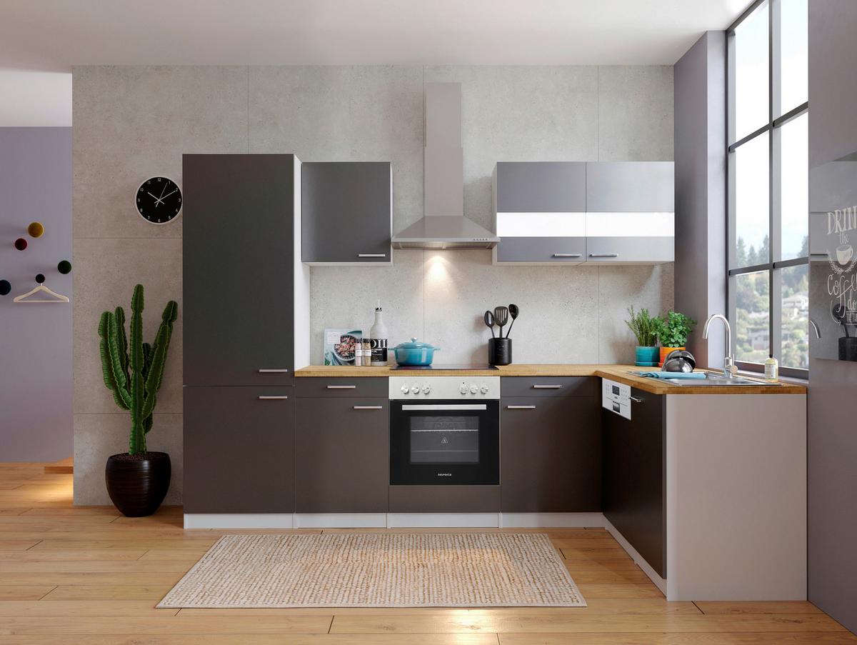 Eckküche Malia mit Geräten ca. 280x172 cm Grau - Edelstahlfarben/Nussbaumfarben, Basics, Holzwerkstoff/Metall (280/172cm) - Respekta