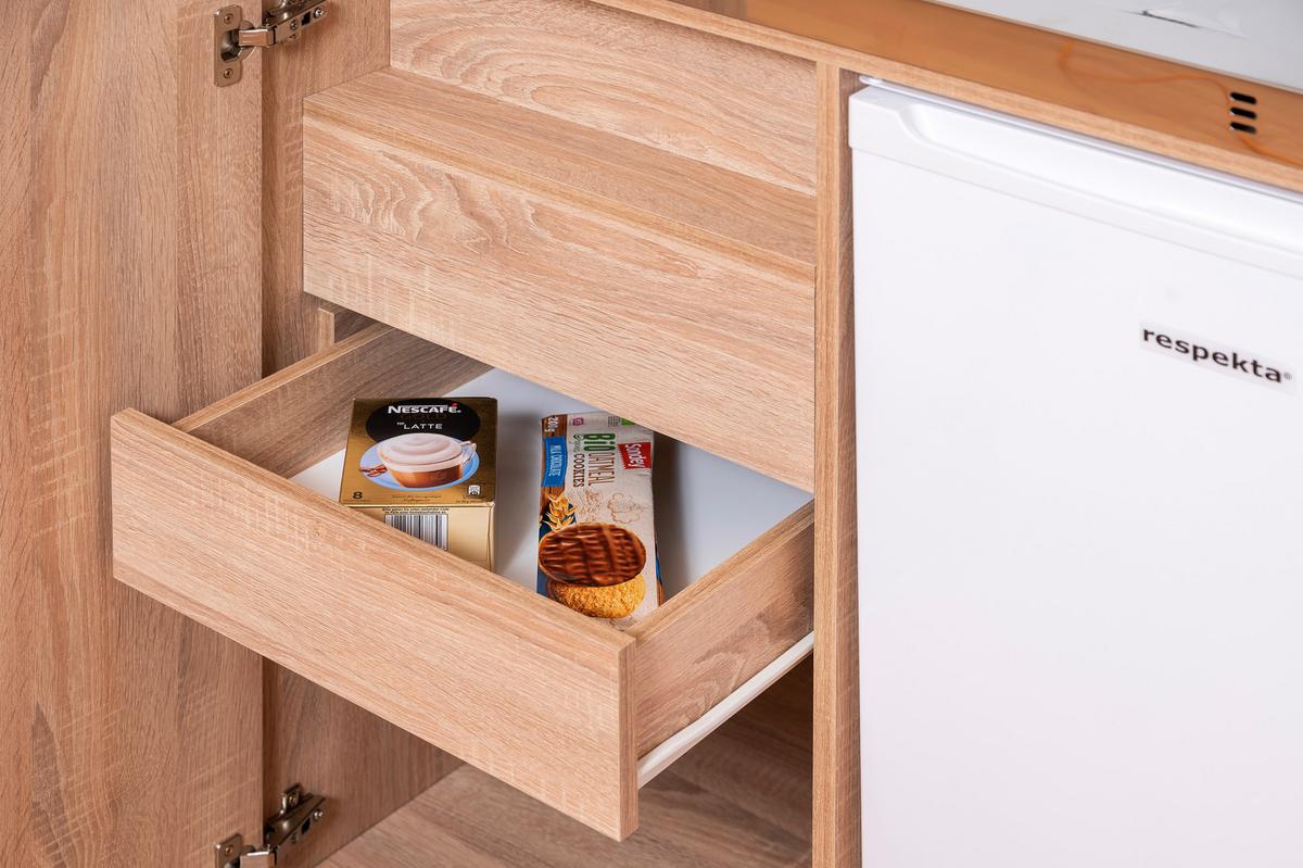 Schrankküche mit Kühlschrank + Kochfeld Weiß B: ca. 104 cm - Edelstahlfarben/Eichefarben, KONVENTIONELL, Holzwerkstoff/Metall (104/193/67cm) - Respekta
