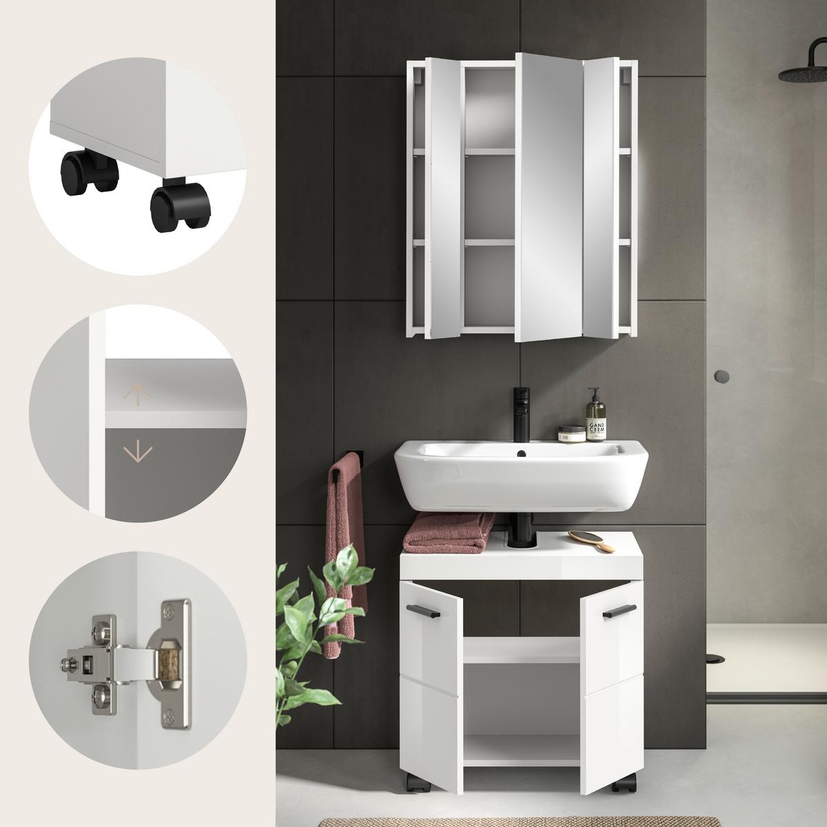 Badezimmer NOVA Weiß, Weiß Hochglanz 2-teilig - Weiß Hochglanz/Schwarz, Trend, Glas/Holzwerkstoff (60cm) - MID.YOU