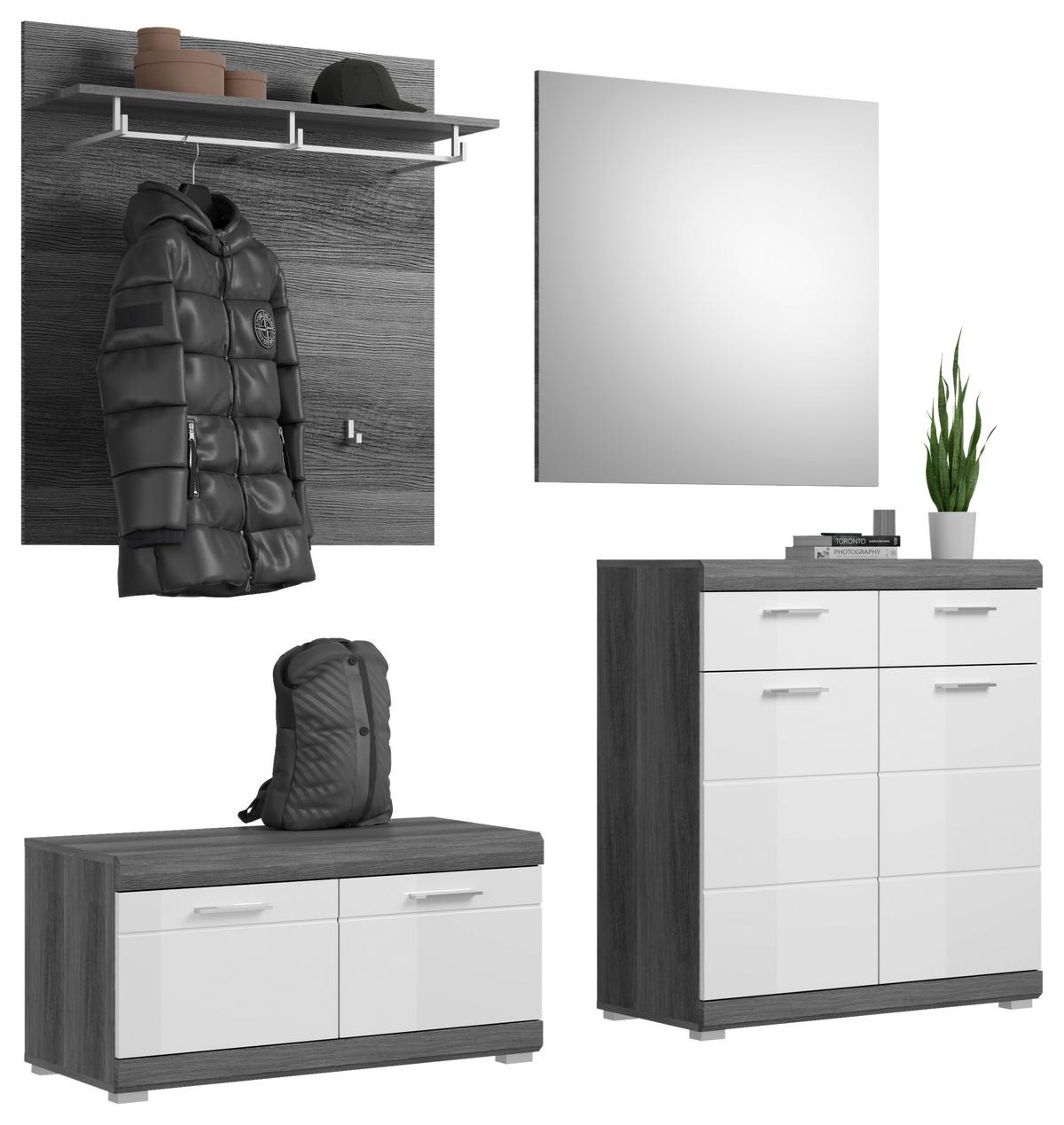 Garderobe Scout 4-teilig ca.195x197x40cm Weiß,Grau - Dunkelgrau/Silberfarben, Design, Glas/Holzwerkstoff (195/197/40cm) - MID.YOU
