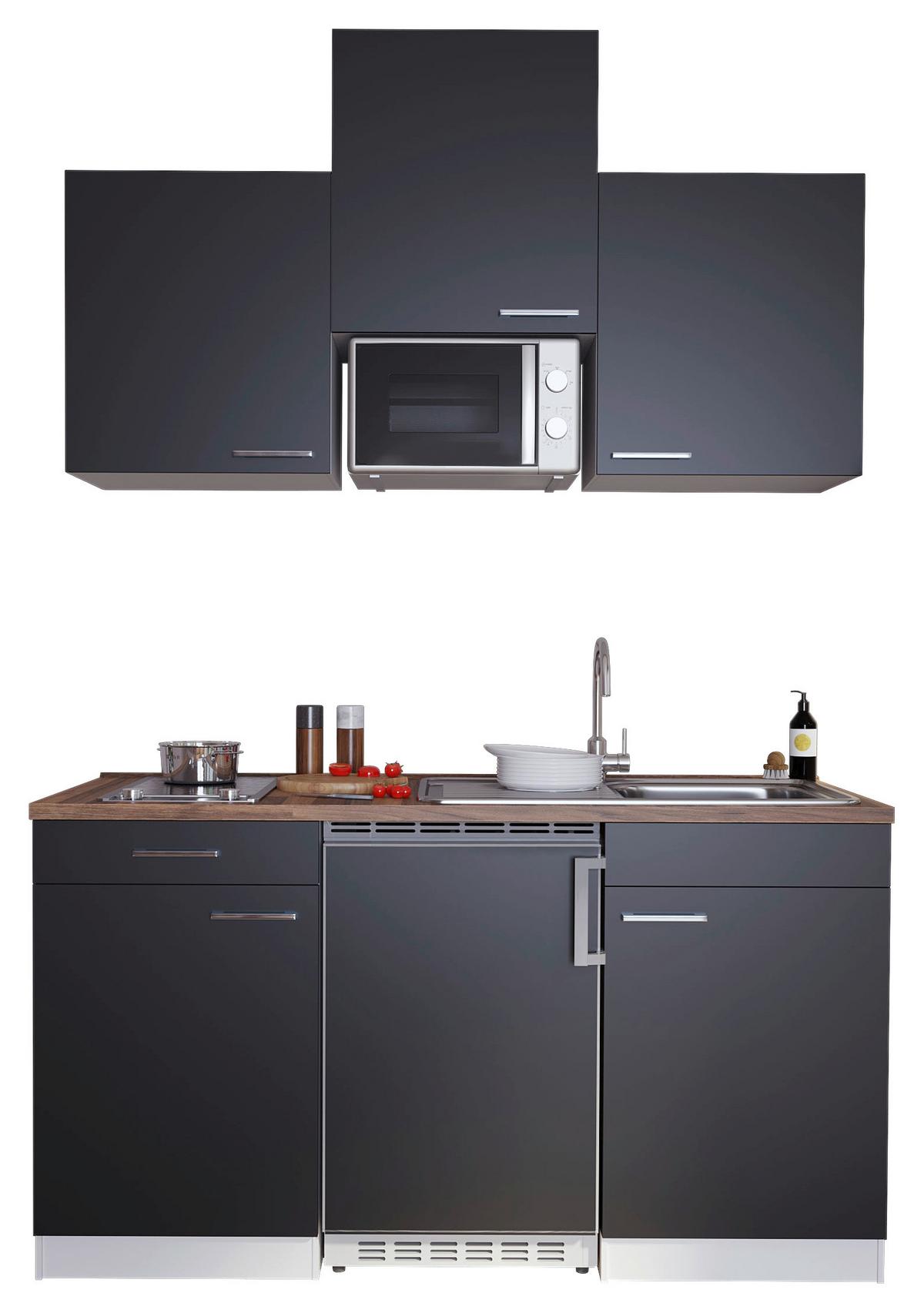 Miniküche Economy m. Geräten Schwarz B: ca. 150 cm - Edelstahlfarben/Nussbaumfarben, Basics, Holzwerkstoff/Kunststoff (150cm) - Respekta