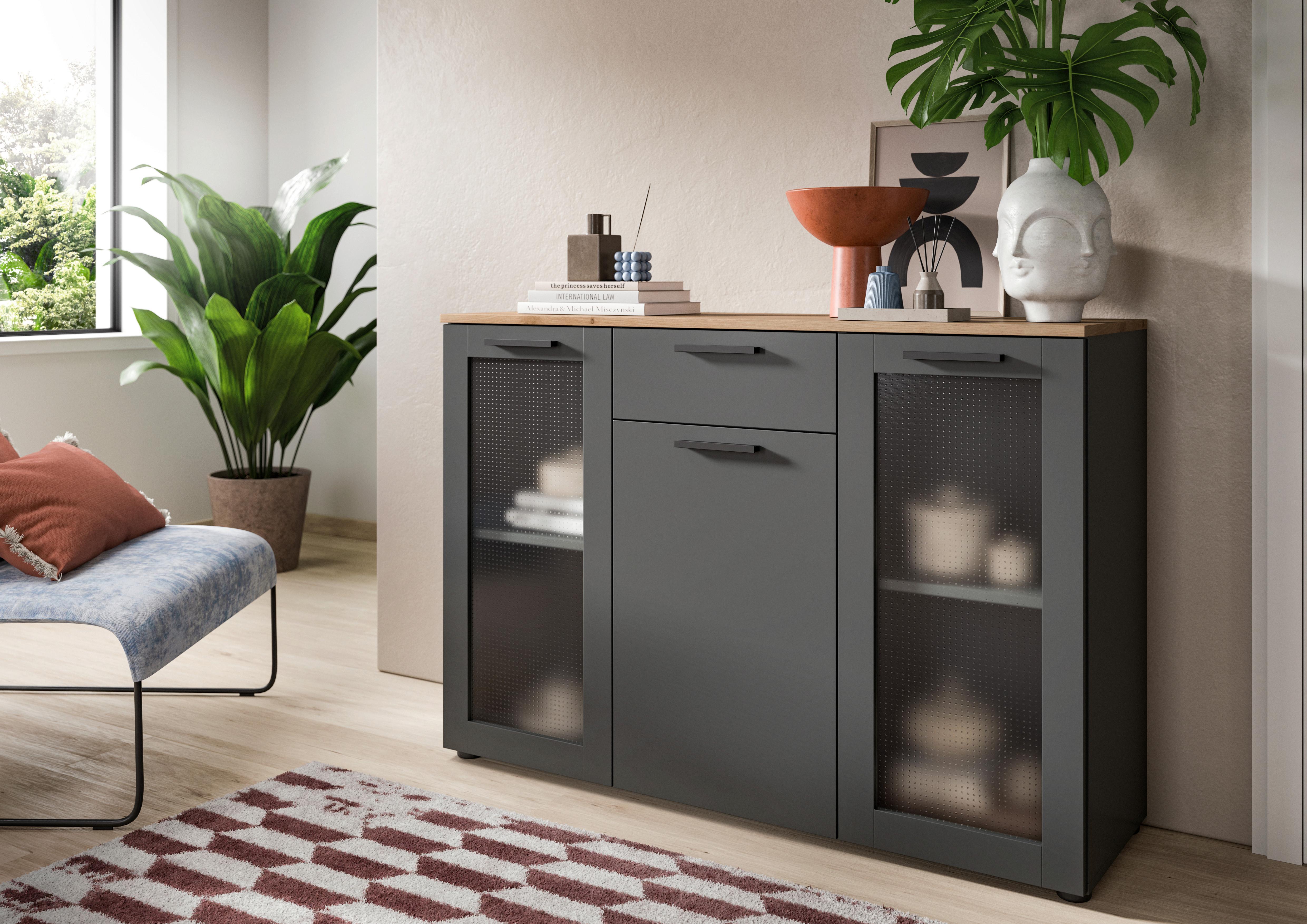 Vitrina Niklas - siva/hrast Artisan, Design, staklo/drvni materijal (120/84/38cm) - Modern Living