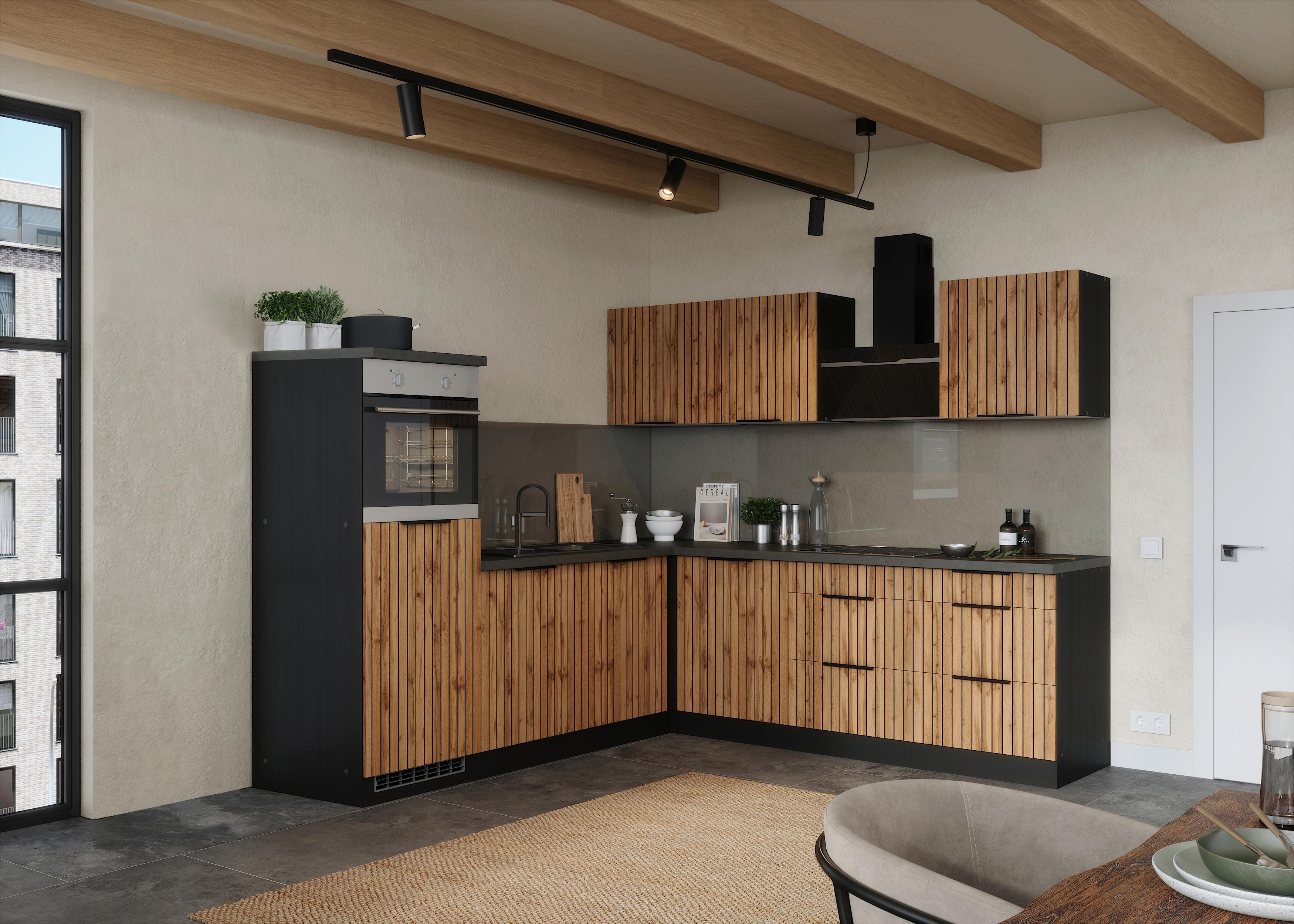 Eckküche Liverpool m. Geräten ca. 240x240cm Eiche - Schieferfarben/Eiche Wotan, Basics, Holzwerkstoff/Metall (240/240cm) - Held