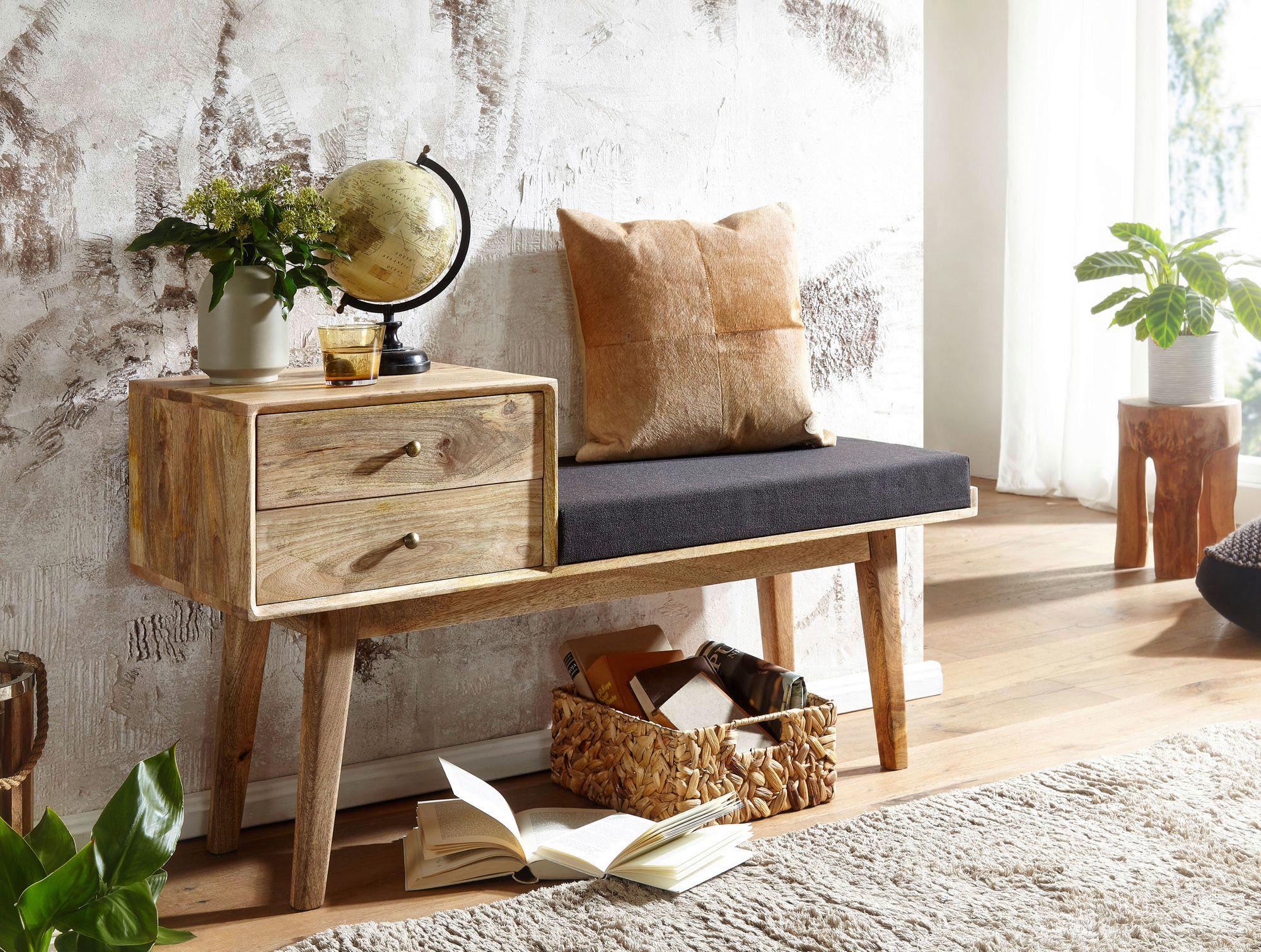 Hockerbank Mangoholz Braun / Schwarz H: 65 cm + Schubladen - Schwarz/Braun, MODERN, Holz/Textil (120/65/40cm) - MID.YOU