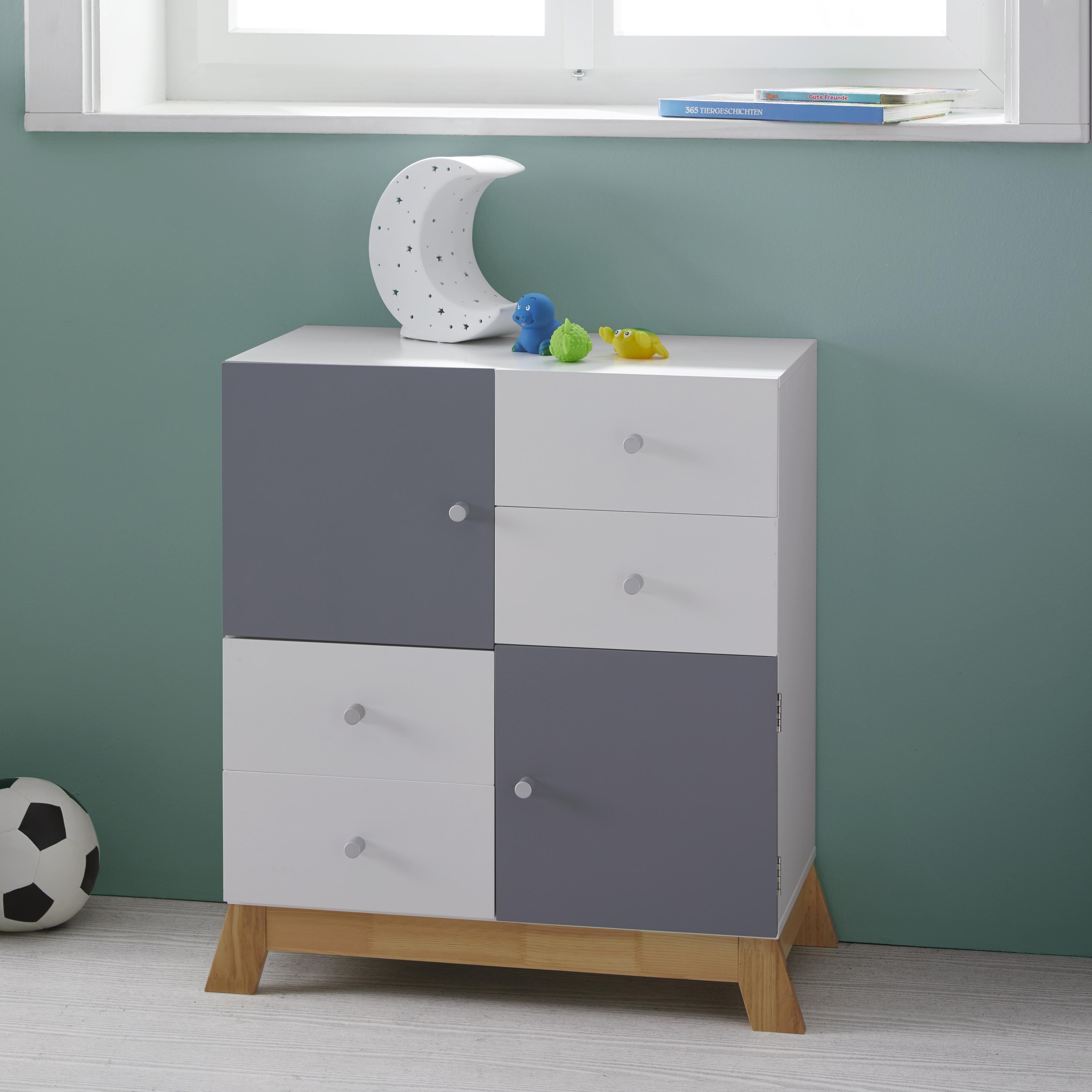 Kinderkommode in Weiß/ Kieferfarben/Hellgrau 'Brian' - Hellgrau/Weiß, MODERN, Holz/Metall (60/70/34cm) - Bessagi Kids