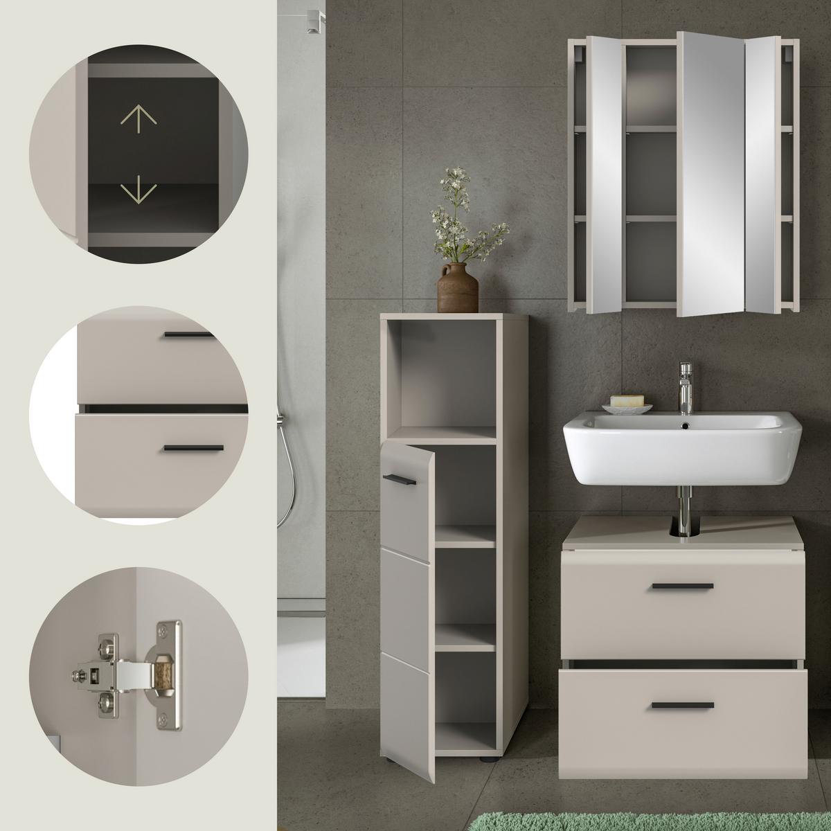 Badezimmer Ice Kaschmir 3-teilig - Kaschmir/Schwarz, Trend, Glas/Holzwerkstoff (90cm) - MID.YOU