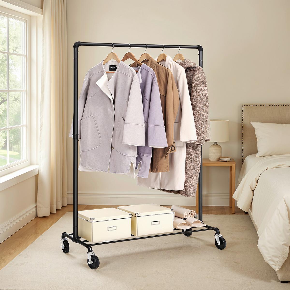 Kleiderwagen Schwarz mit 4 Rollen - Schwarz, Basics, Kunststoff/Metall (100/163/50cm)