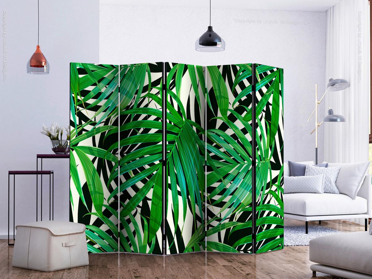 Paravan Tropical Leaves I, 5-Delni, Dvostranski - zelena/bela, Basics, tekstil/les (225/172/3cm) - artgeist