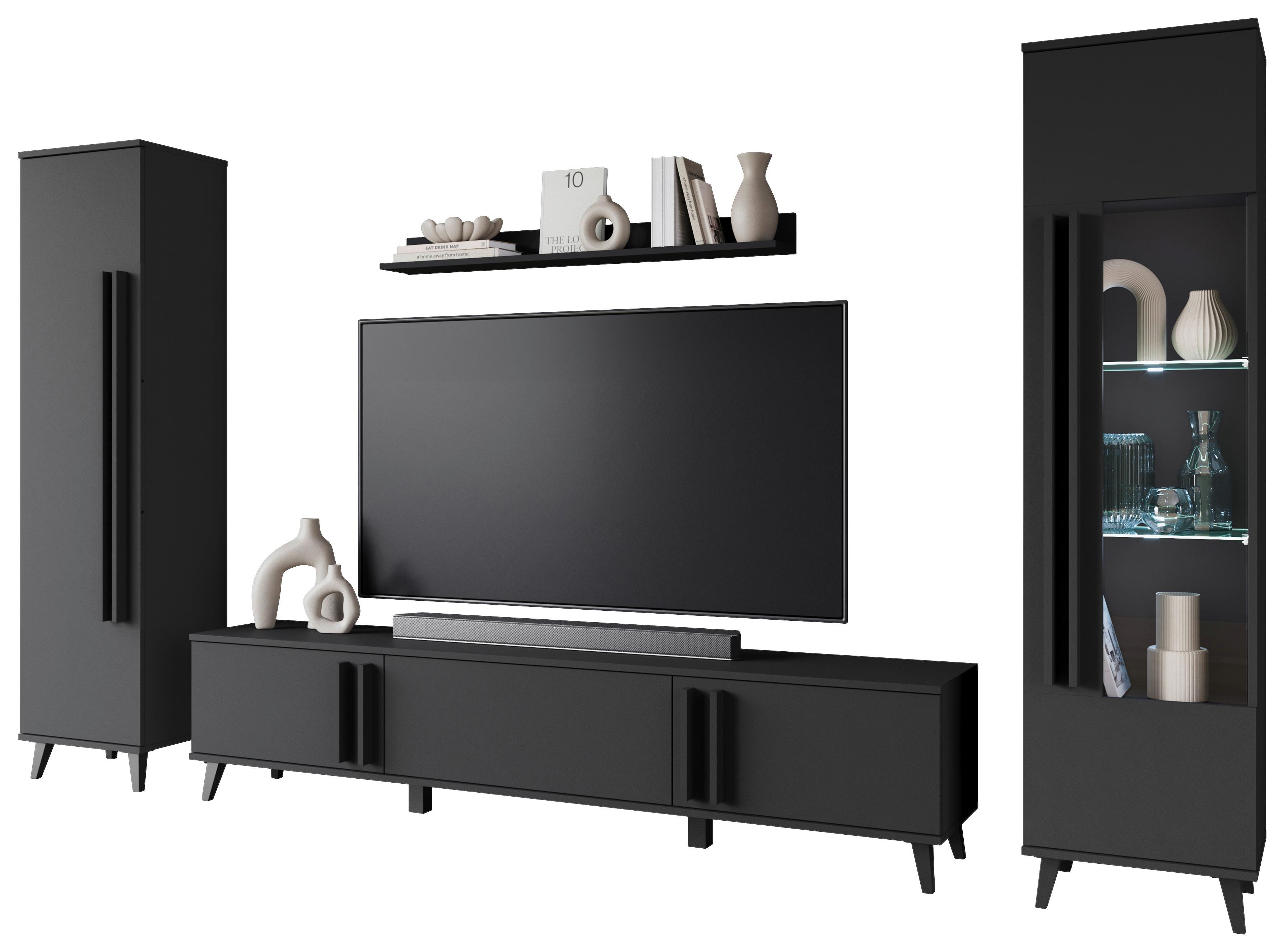 Wohnwand Helsinki Schwarz ca. 260x159,5x33cm - Schwarz, Trend, Glas/Holzwerkstoff (260/159,5/33cm) - P & B